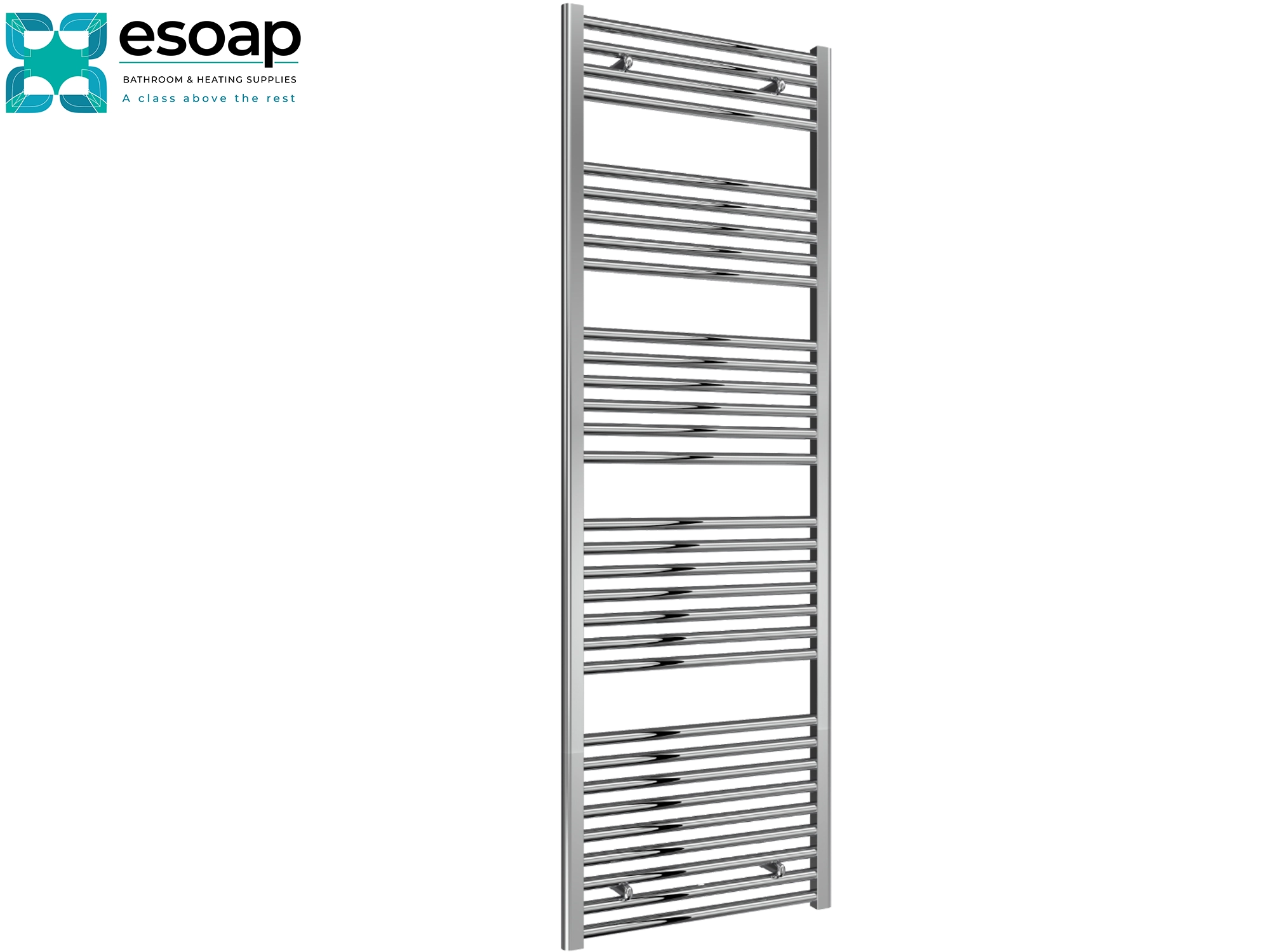Diva Chrome towel radiator 1800 x 600 on a white background with Esoap branding.