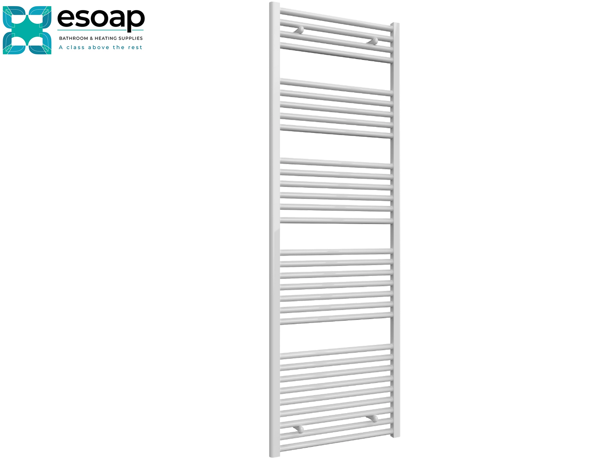 White flat towel radiator 1800 x 600 on a white background with Esoap branding.