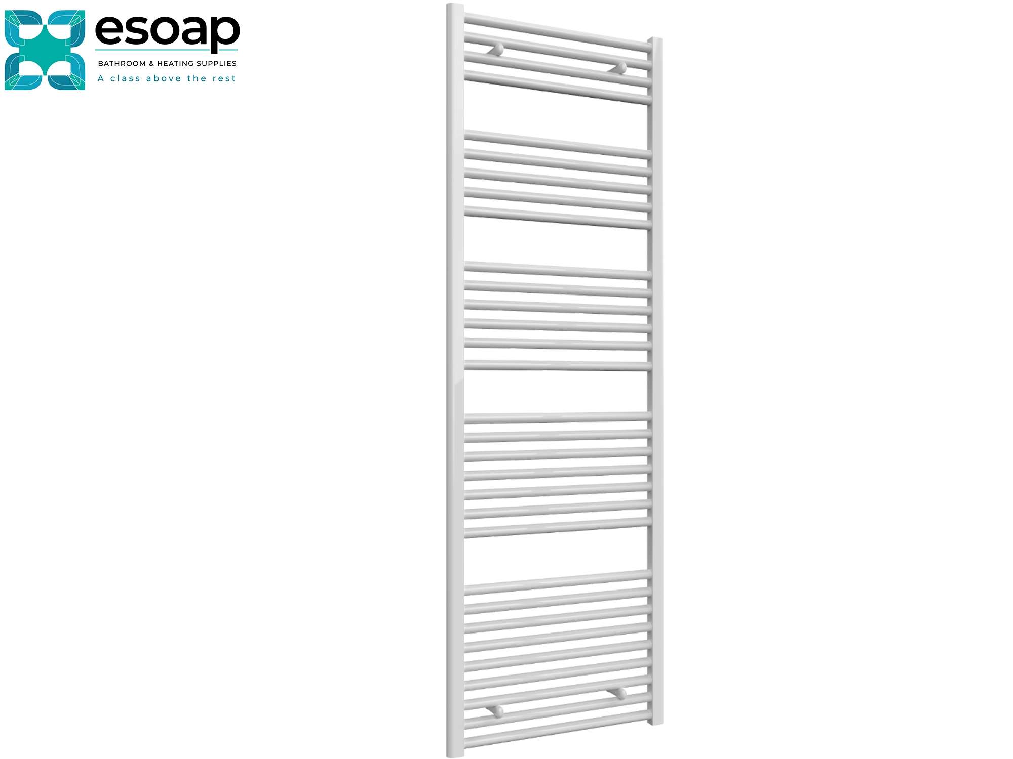 White flat towel radiator 1800 x 600 on a white background with Esoap branding.