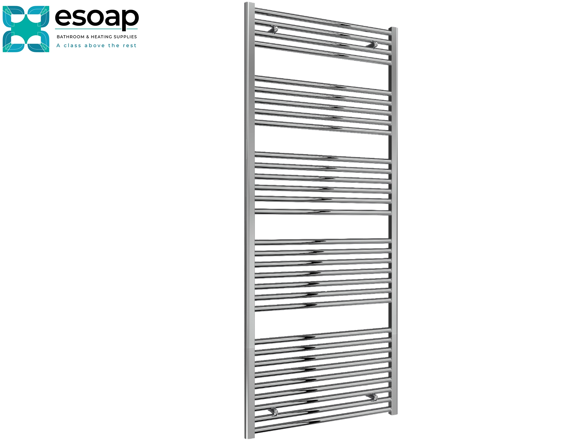 Diva Chrome towel radiator 1800 x 750 on a white background with Esoap branding.