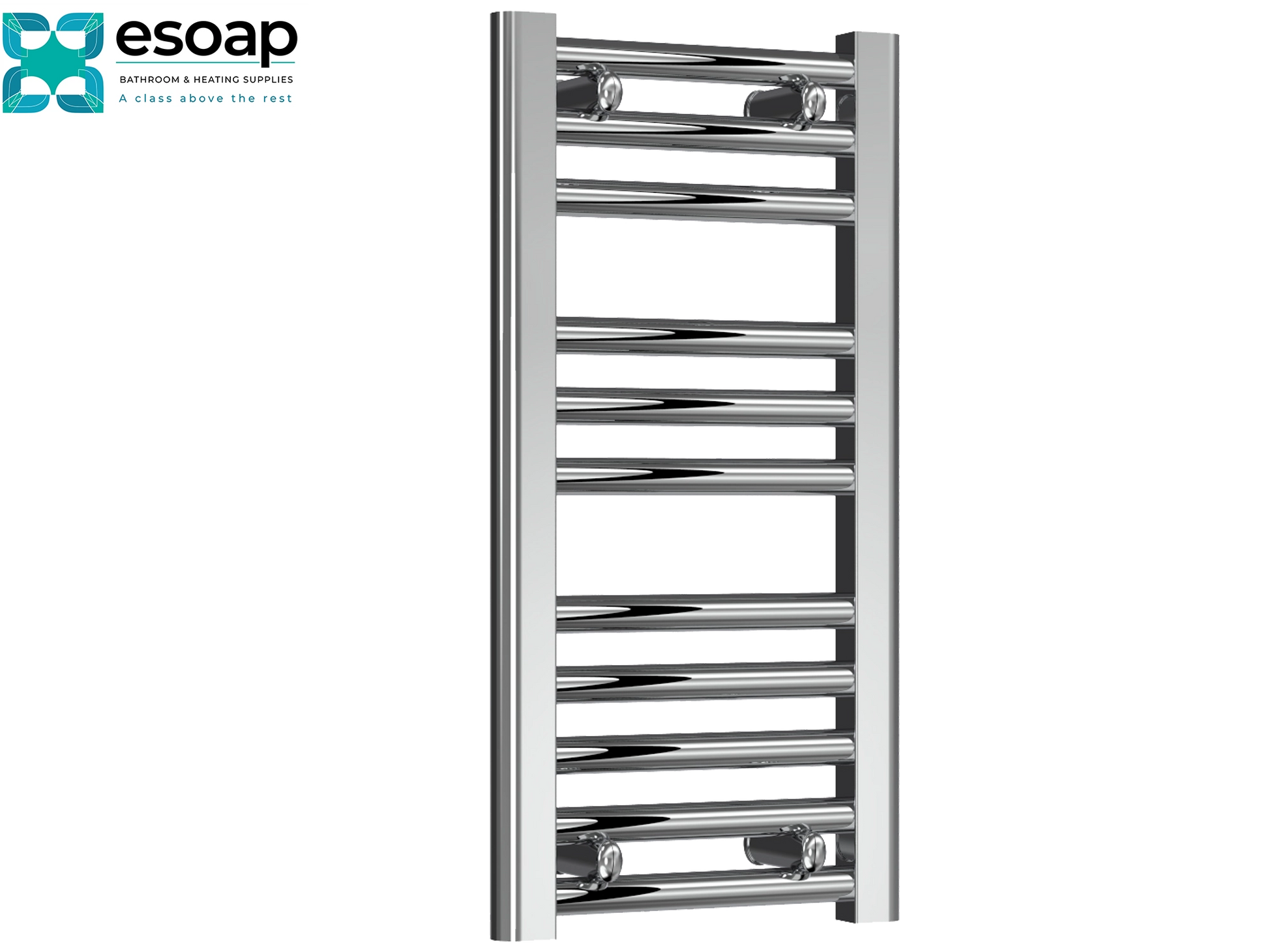 Diva Flat 600 x 300 Chrome towel radiator on a white background with Esoap logo.