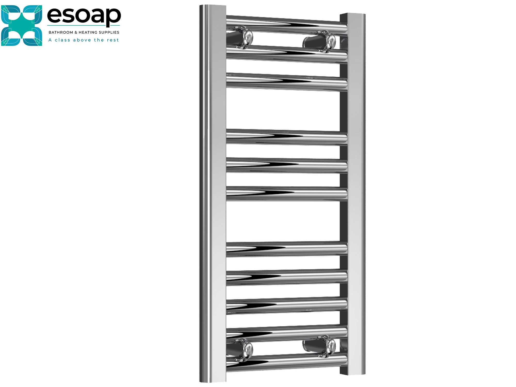 Diva Flat 600 x 300 Chrome towel radiator on a white background with Esoap logo.