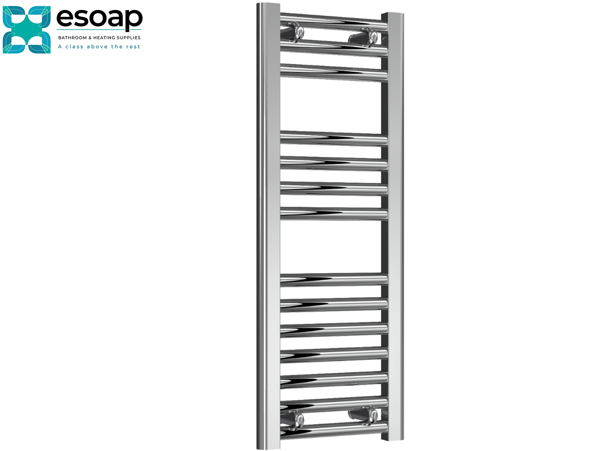  Diva Flat 800 x 300 Chrome towel radiator on a white background with 'esoap' branding.