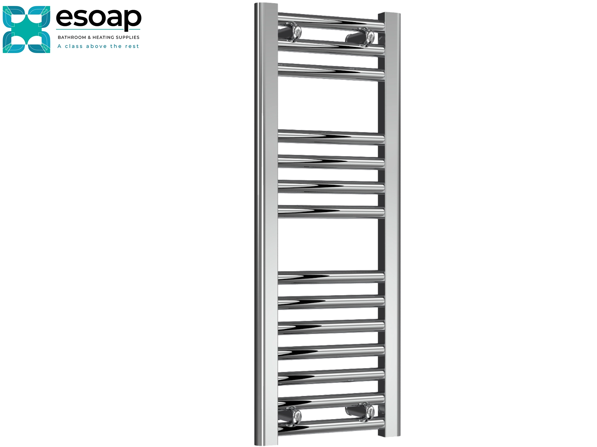  Diva Flat 800 x 300 Chrome towel radiator on a white background with 'esoap' branding.