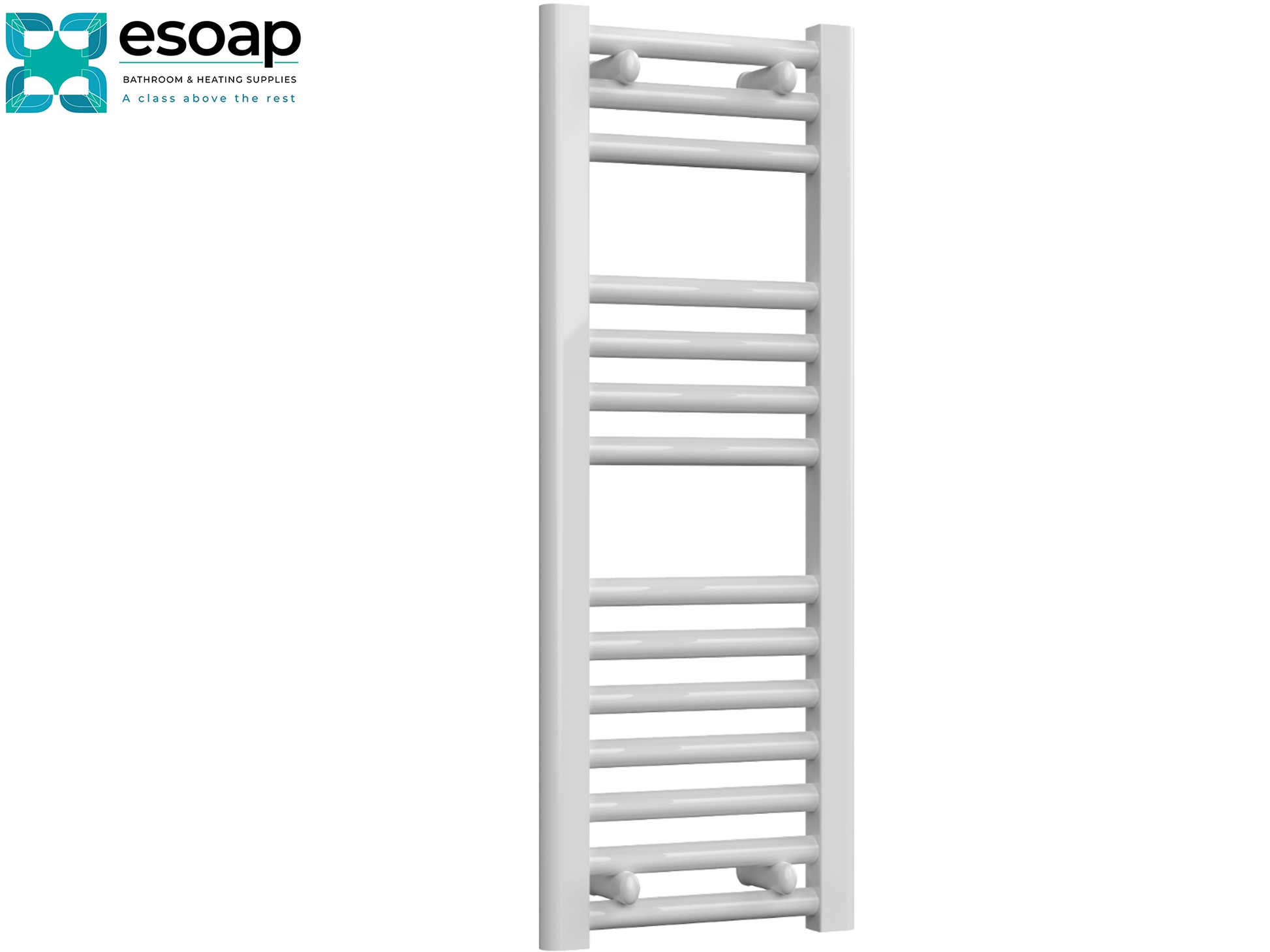 Diva White towel radiator 800 x 300  on a white background with Esoap branding.