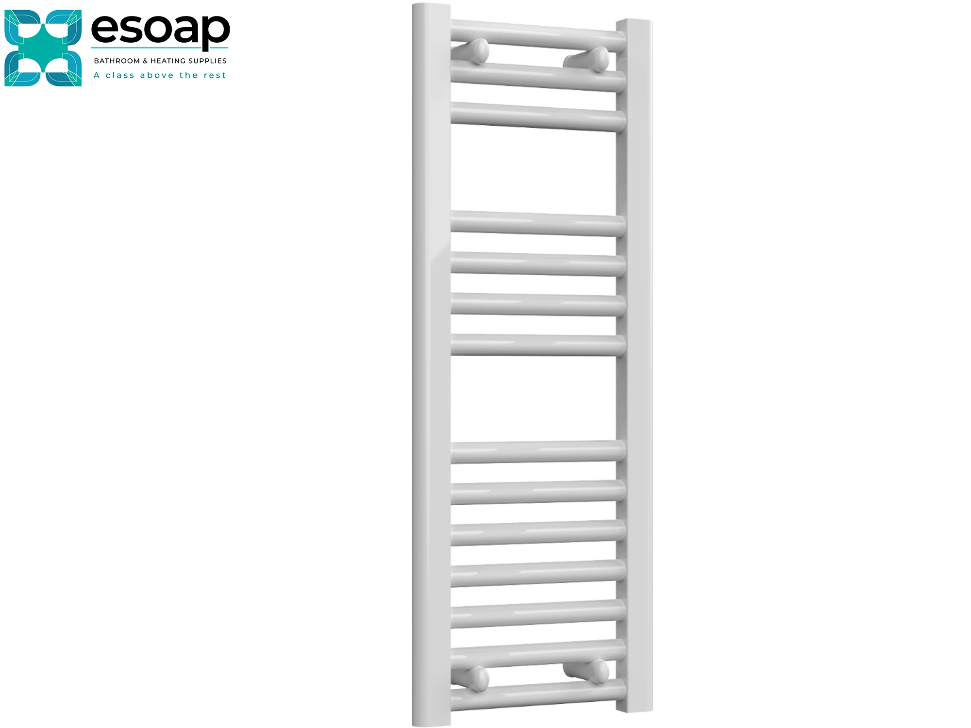 Diva White towel radiator 800 x 300  on a white background with Esoap branding.