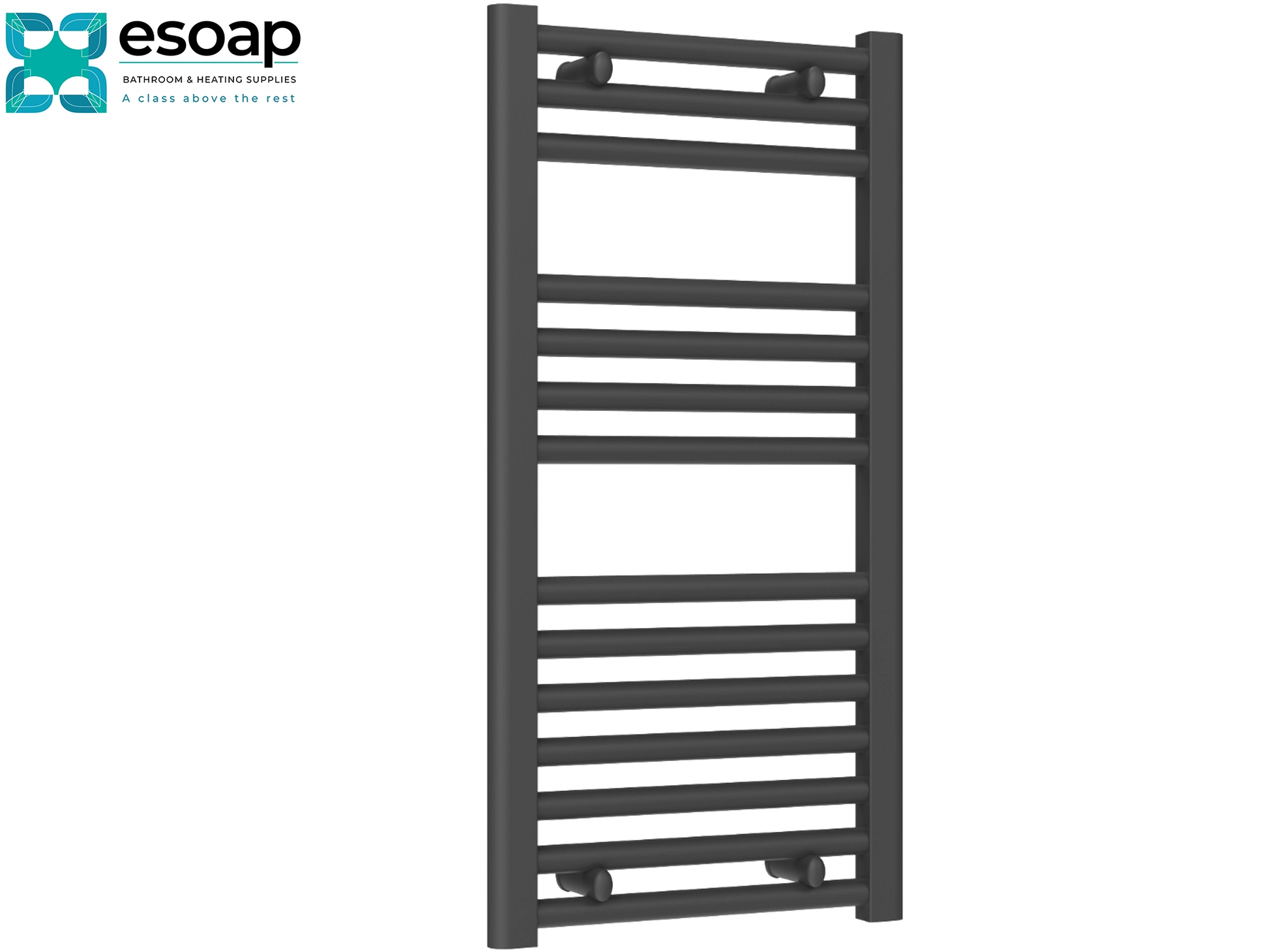 Diva anthracite  towel radiator 800 x 400 on a white background with 'esoap' branding.