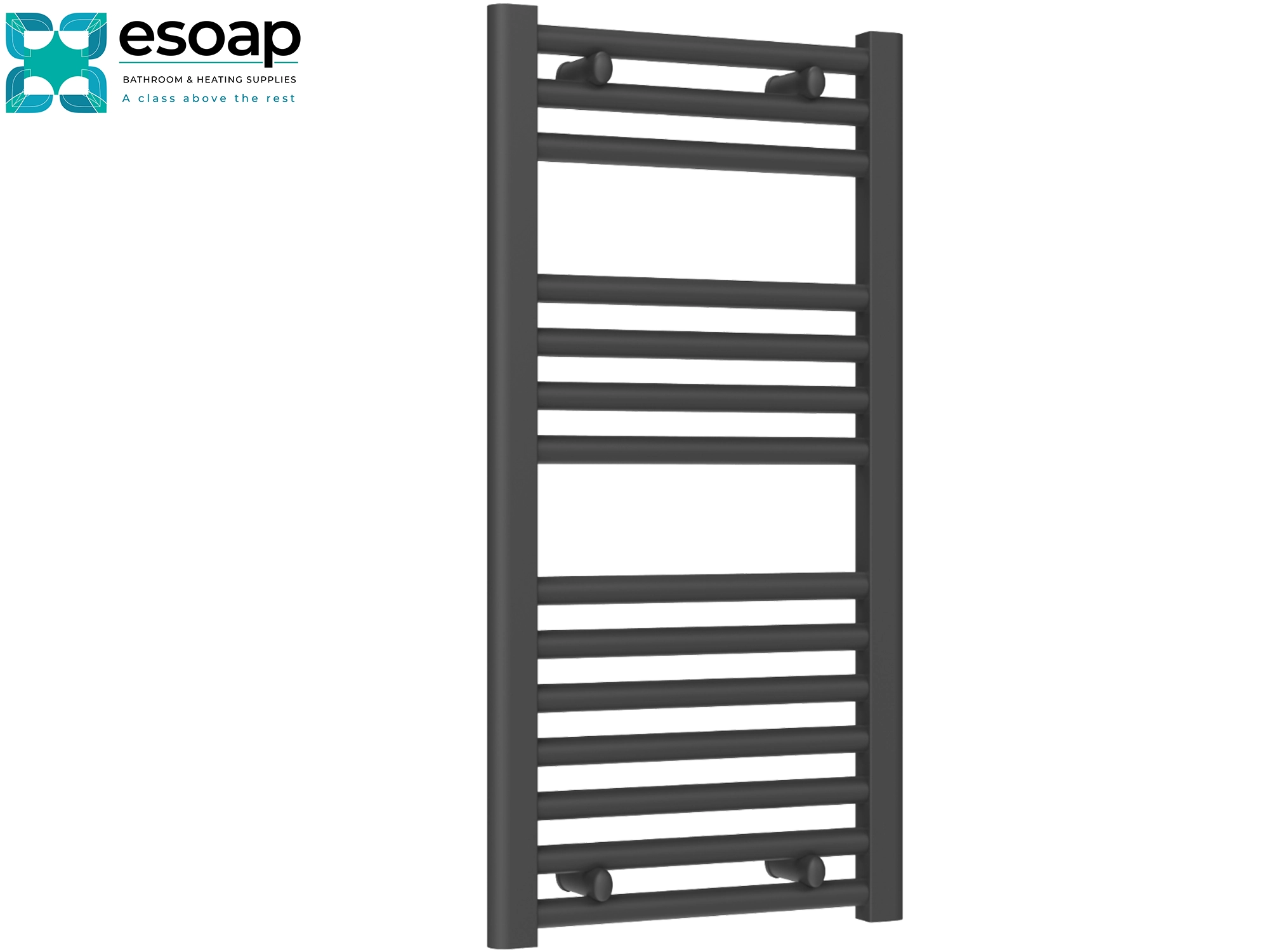 Diva Flat 800x400 Anthracite towel radiator on a white background with 'esoap' branding.
