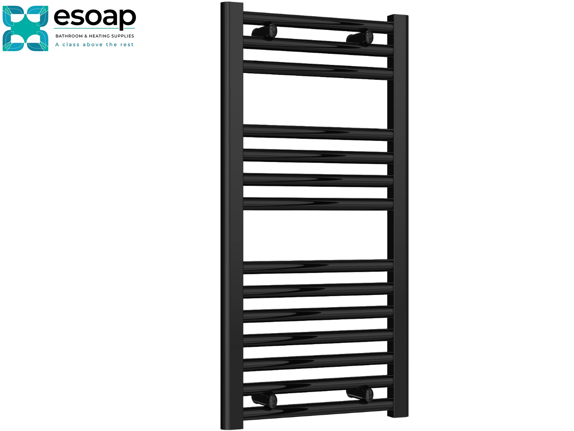 Diva Flat 800 x 400 Black towel radiator on a white background with 'esoap' branding.