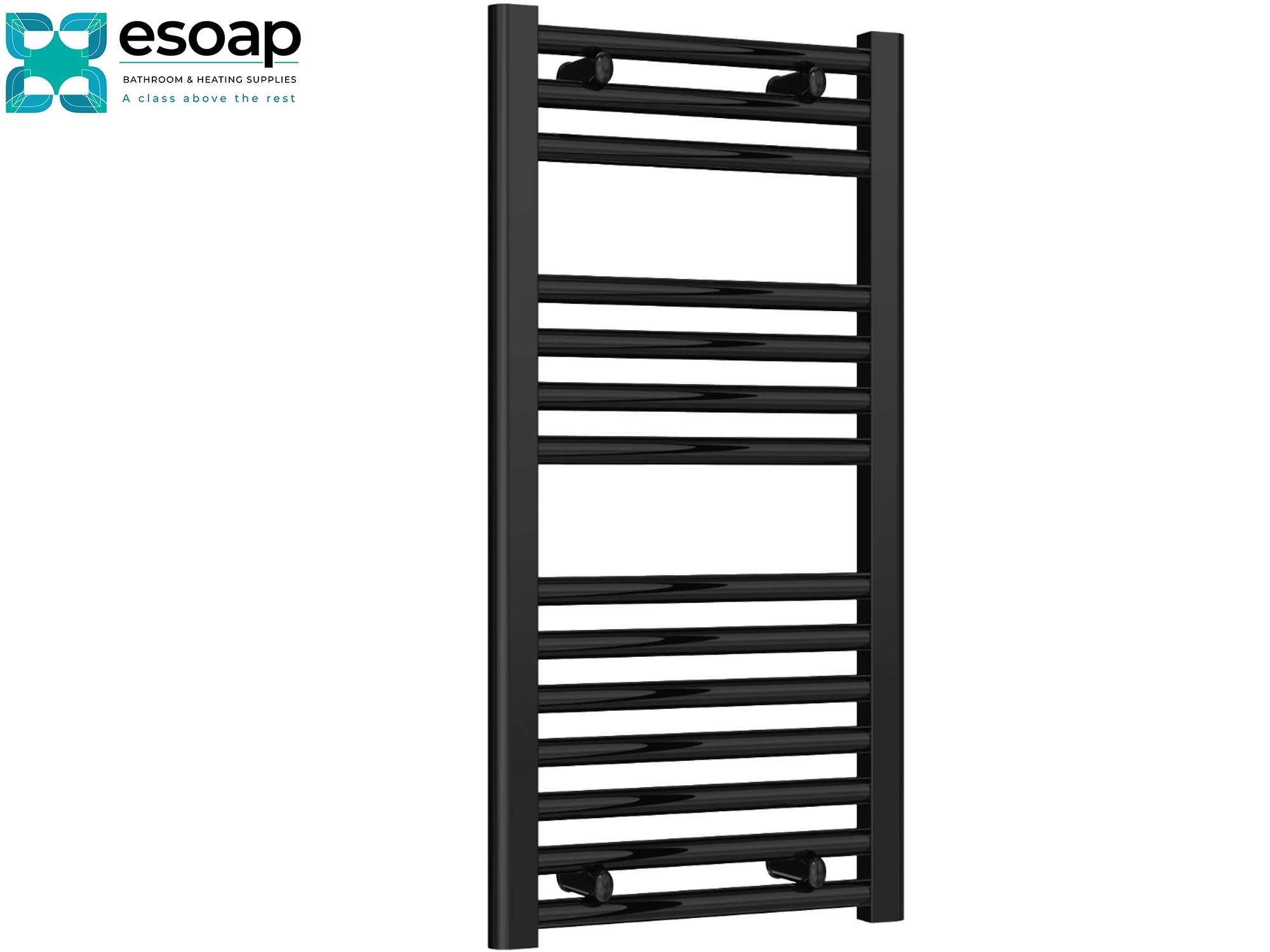 Diva Flat 800 x 400 Black towel radiator on a white background with 'esoap' branding.