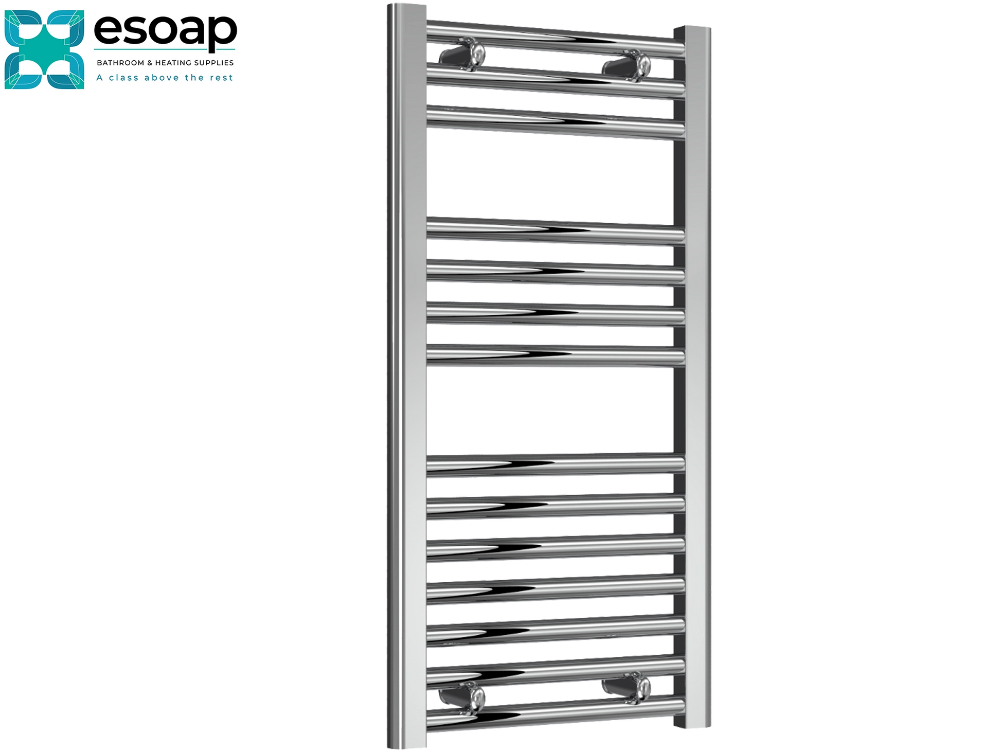 Diva Flat 800 x 400 Chrome towel radiator on a white background with Esoap branding.