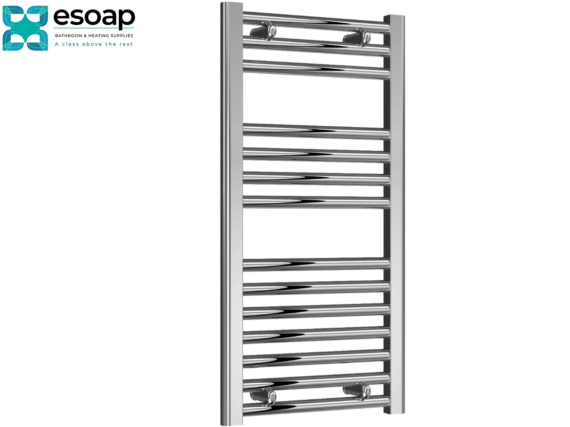 Diva Flat 800 x 400 Chrome towel radiator on a white background with Esoap branding.