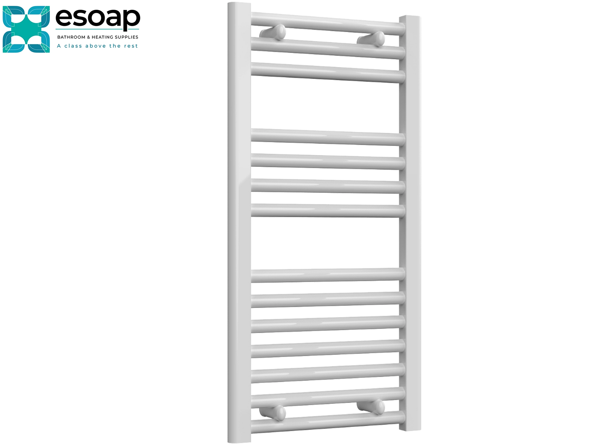 Diva White towel radiator 800 x 400 on a white background with 'esoap' branding.