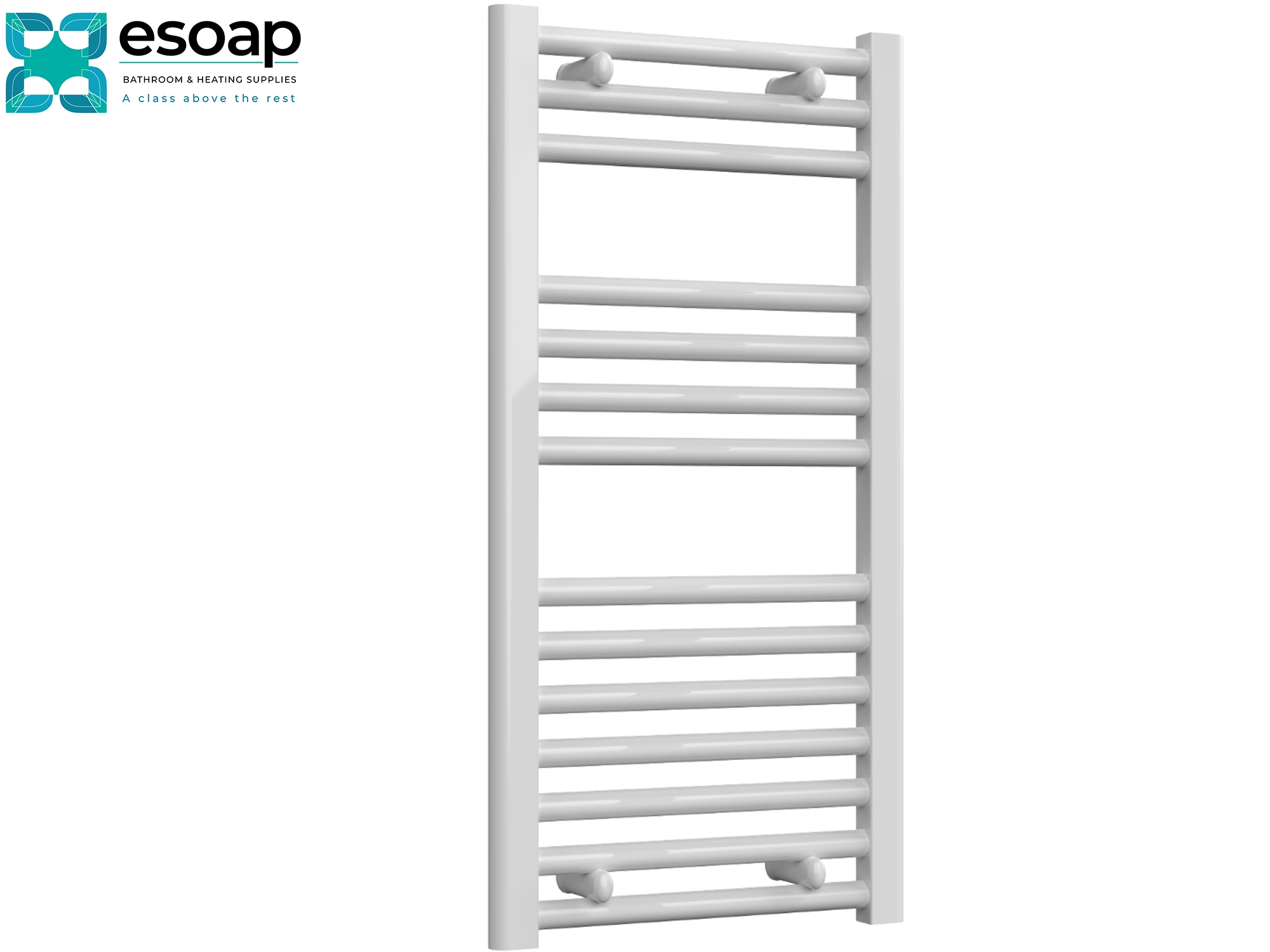 Diva White towel radiator 800 x 400 on a white background with 'esoap' branding.
