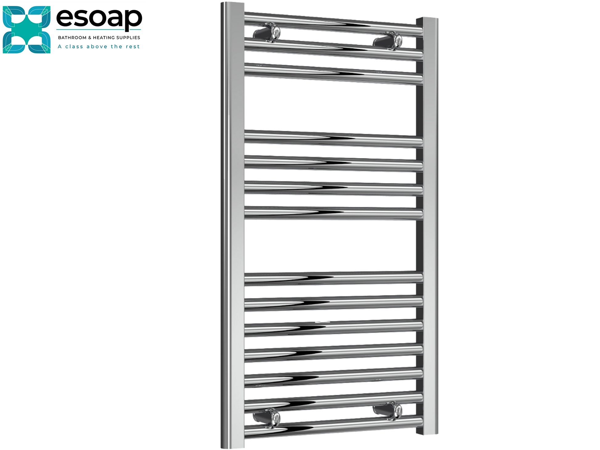 Diva Flat 800 x 450 Chrome towel radiator on a white background with Esoap branding.