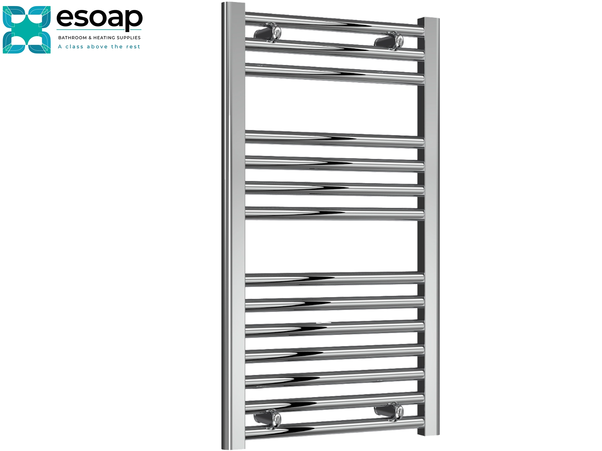 Diva Flat 800 x 450 Chrome towel radiator on a white background with Esoap branding.