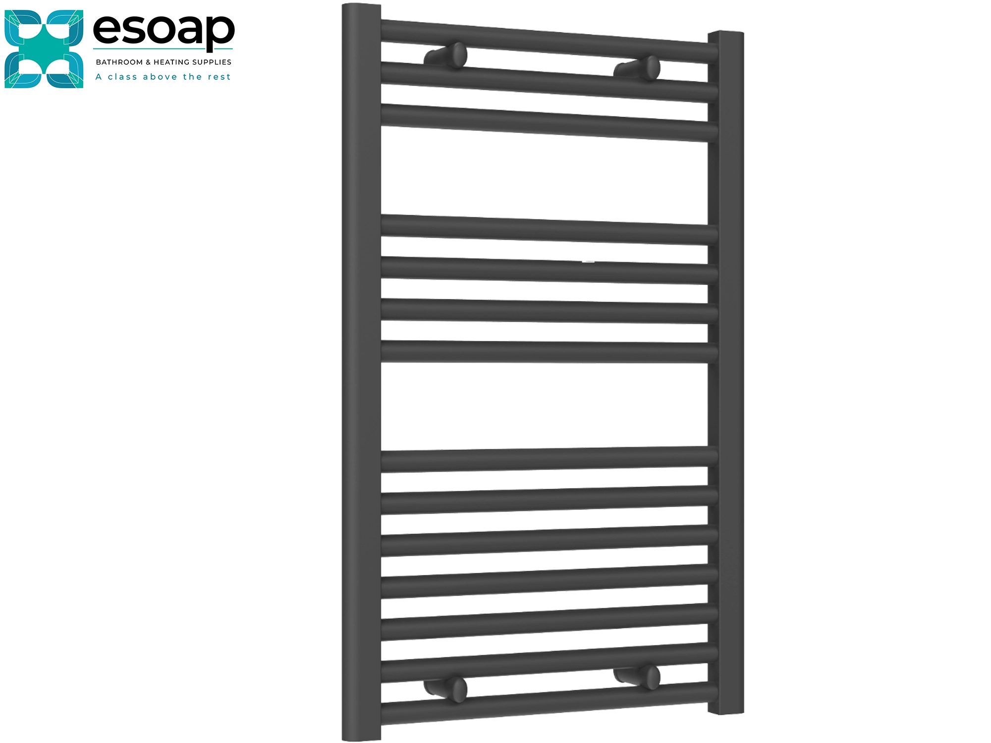 Diva Anthracite towel radiator 800 x 500 on a white background with 'esoap' branding.