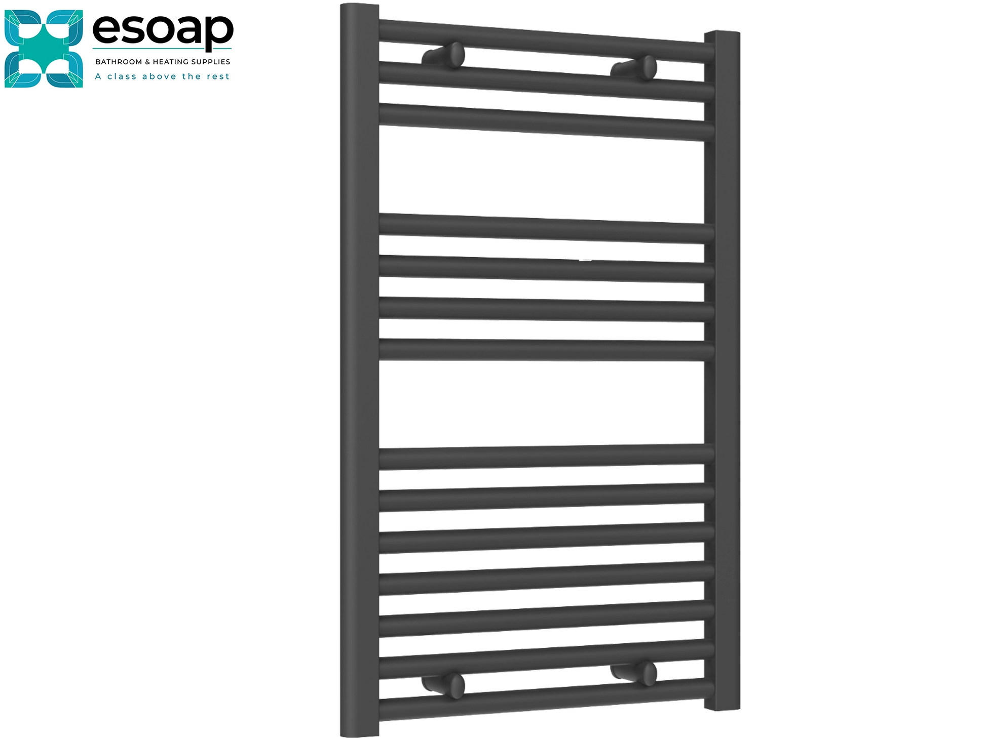 Diva Flat 800 x 500 Anthracite towel radiator on a white background with 'esoap' branding.