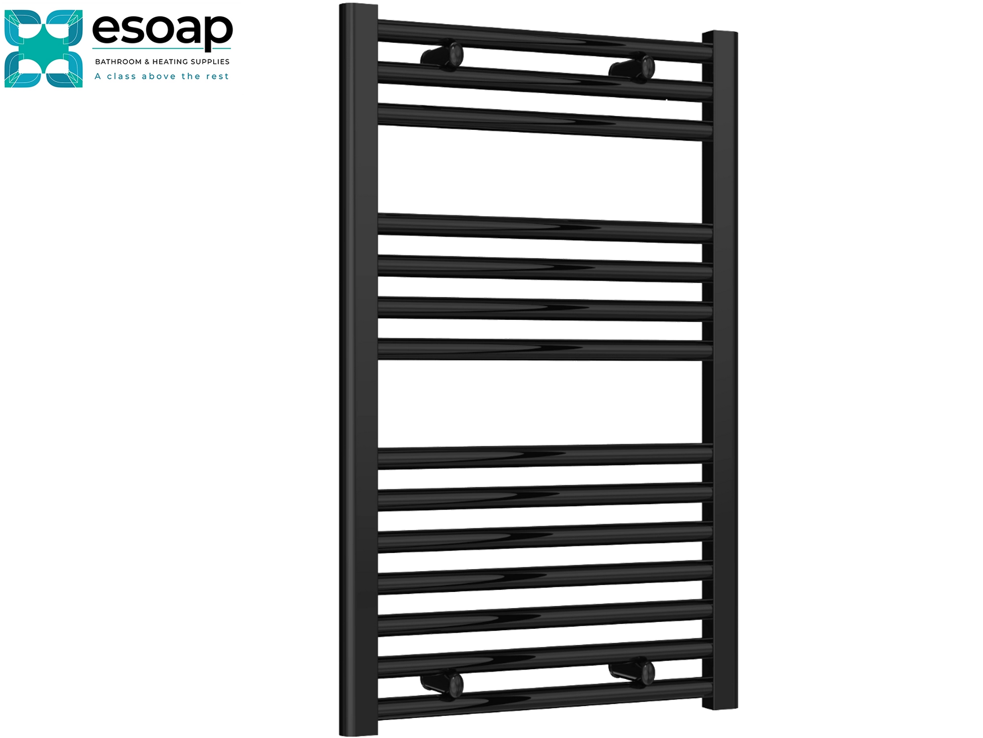 Diva Flat 800 x 500 Black towel radiator on a white background with 'es Soap' branding.