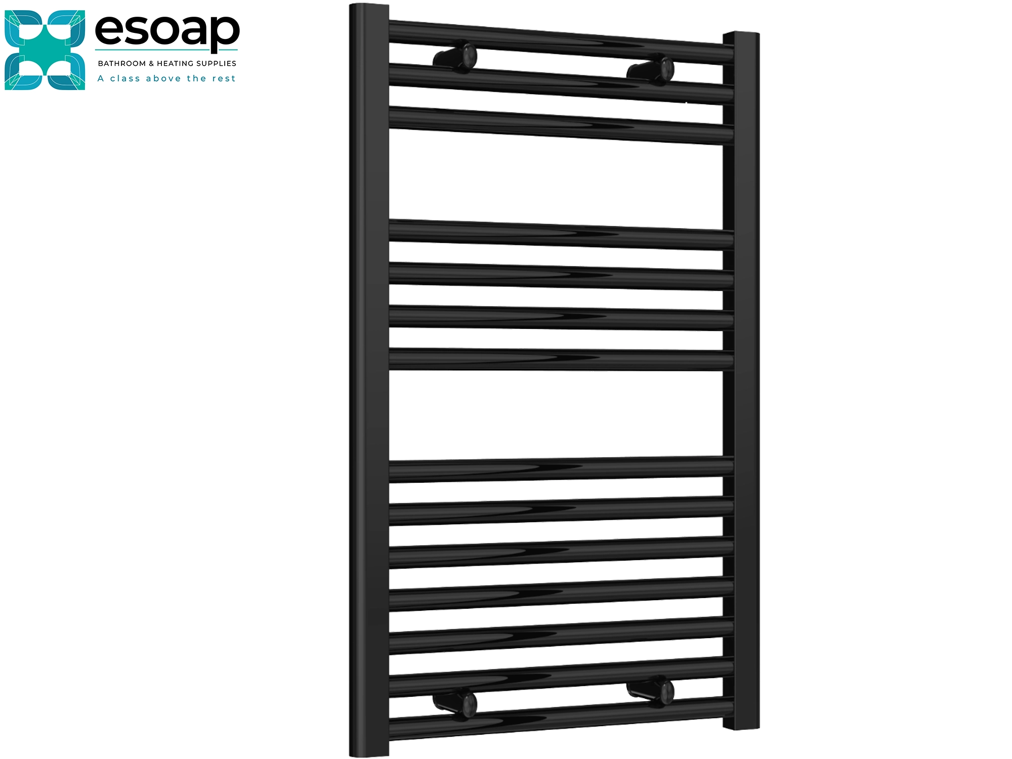 Diva Flat 800 x 500 Black towel radiator on a white background with 'es Soap' branding.