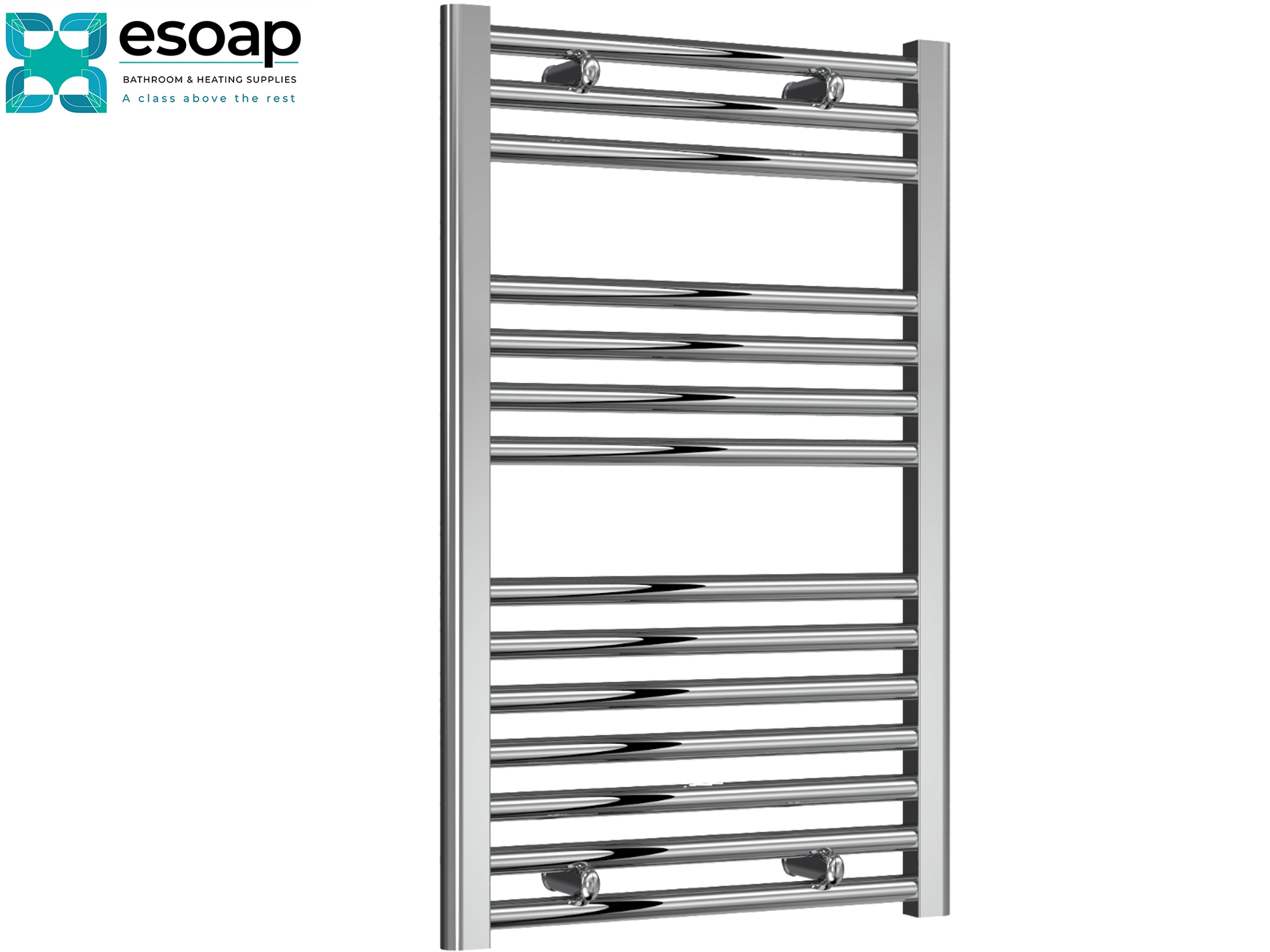 Diva Flat 800 x 500 Chrome towel radiator on a white background with Esoap branding.