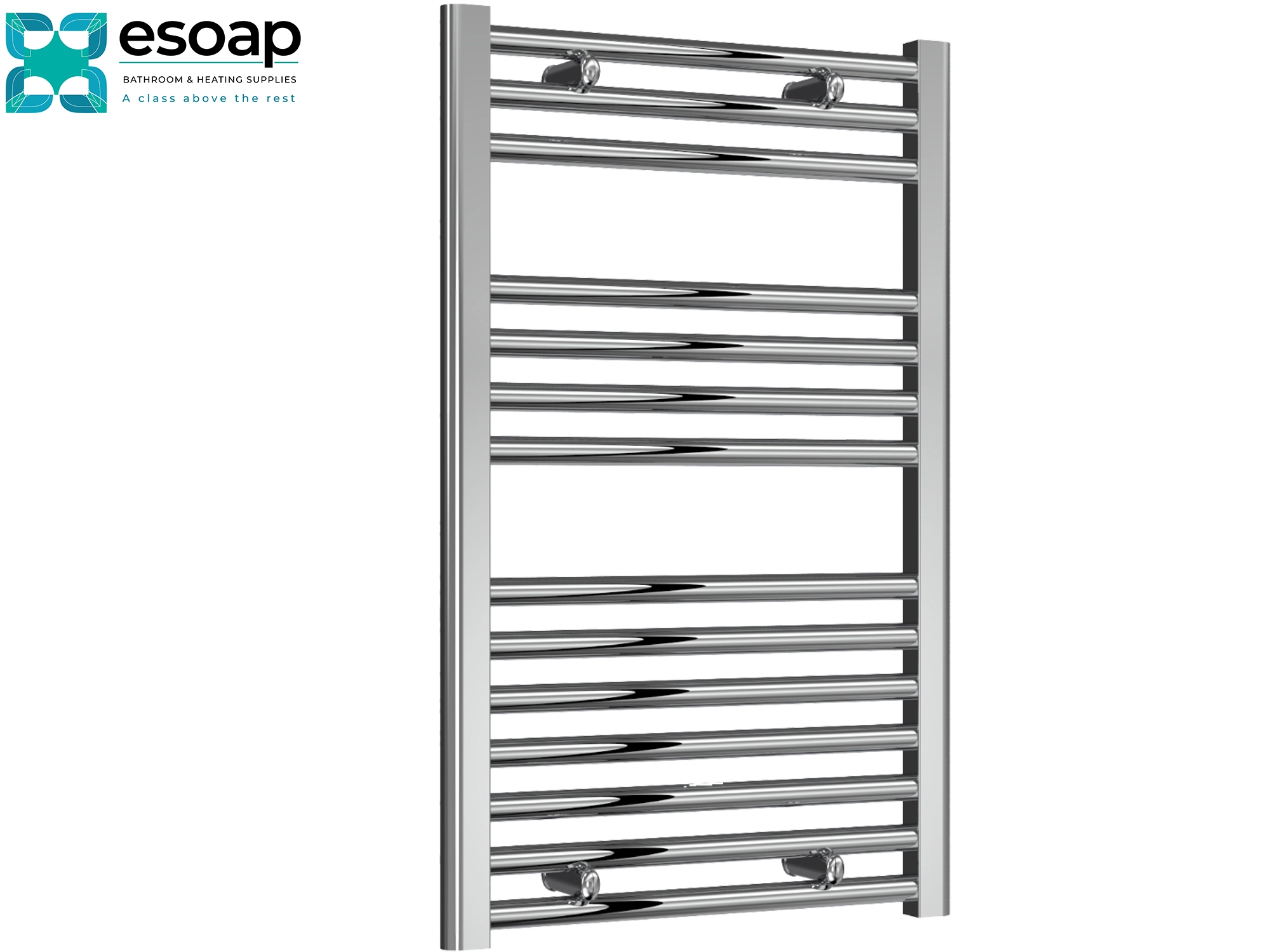 Diva Flat 800 x 500 Chrome towel radiator on a white background with Esoap branding.