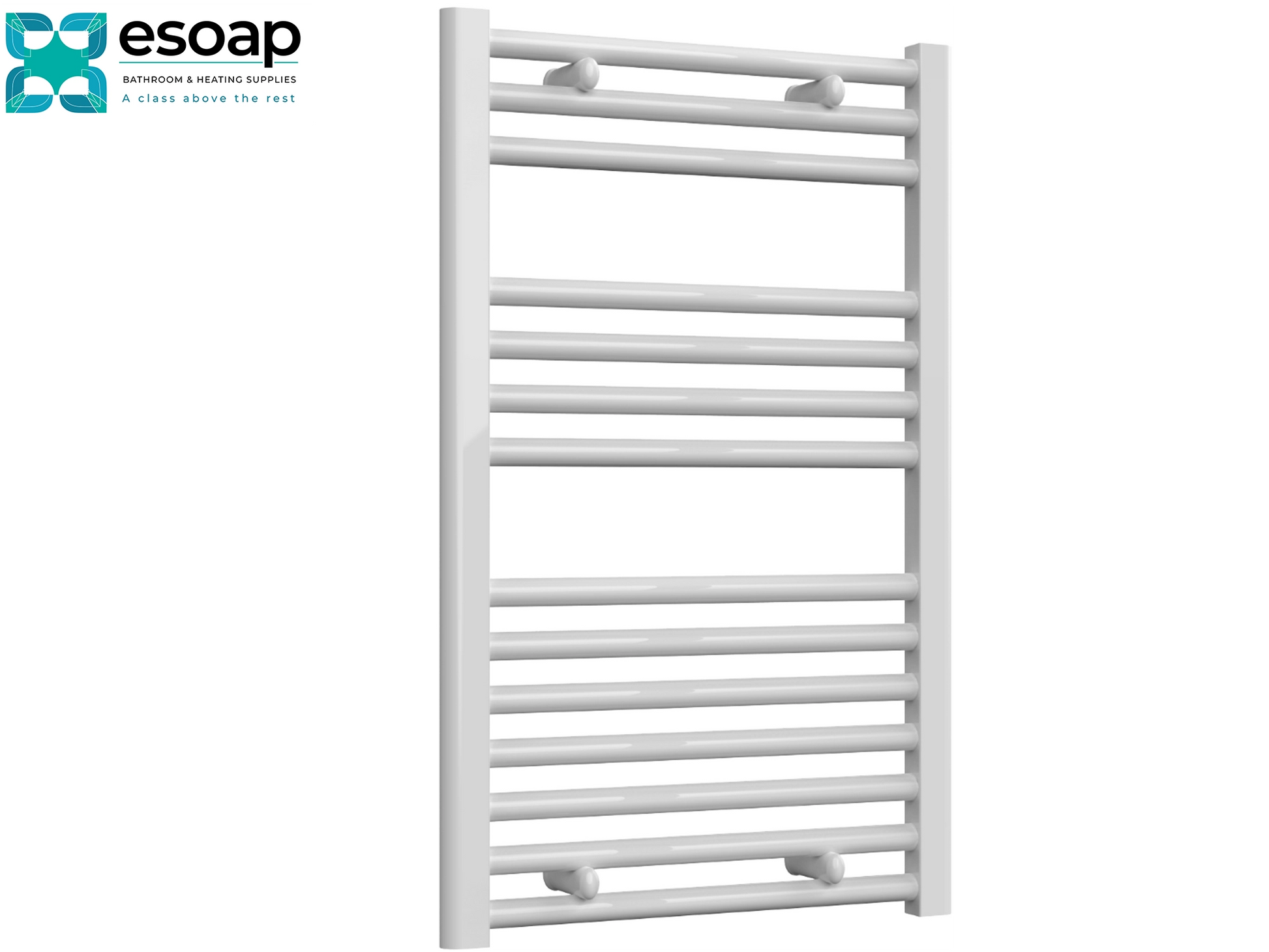 Diva White towel radiator 800 x 500 on a white background with Esoap branding.