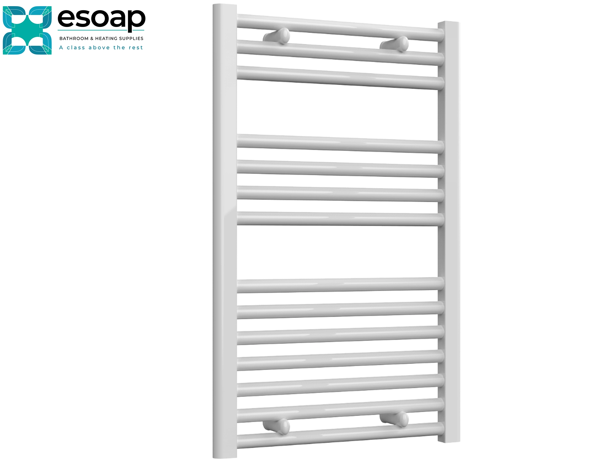 Diva White towel radiator 800 x 500 on a white background with Esoap branding.