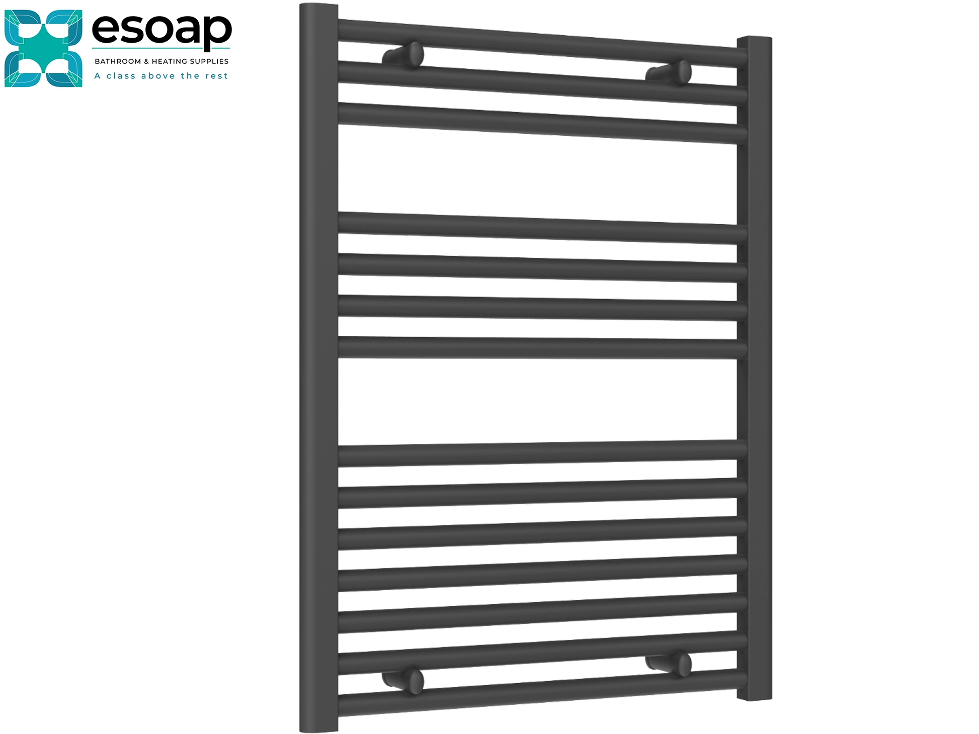 Diva Flat 800 x 600 Anthracite towel radiator on a white background with Esoap branding.