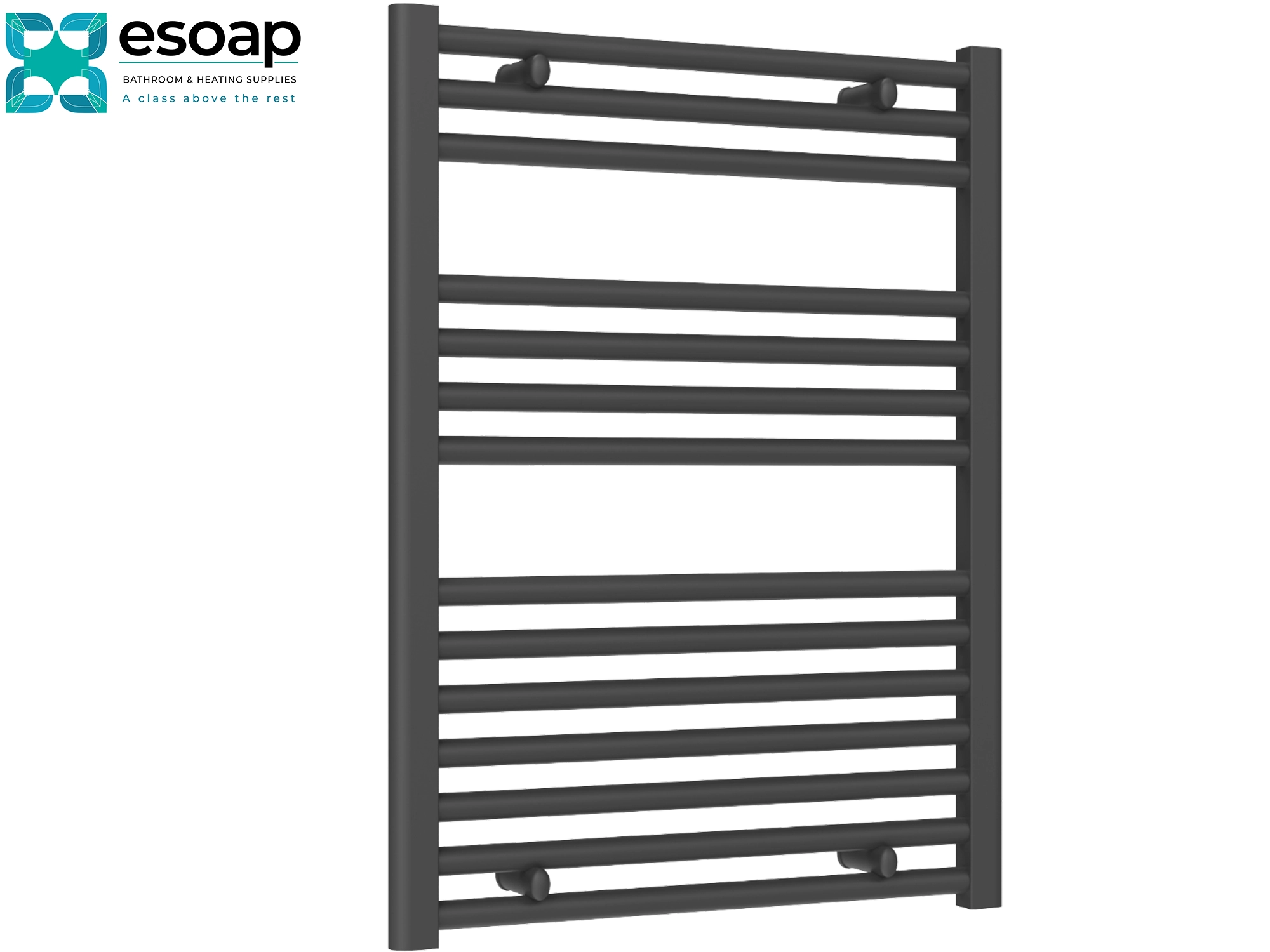 Diva Flat 800 x 600 Anthracite towel radiator on a white background with Esoap branding.