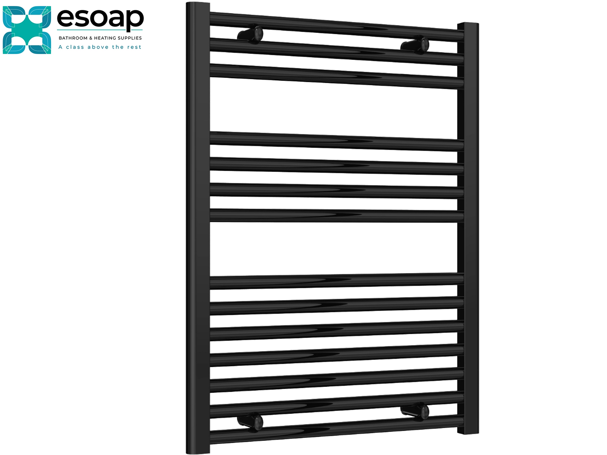 Diva Black towel radiator 800 x 600 on a white background with Esoap logo.