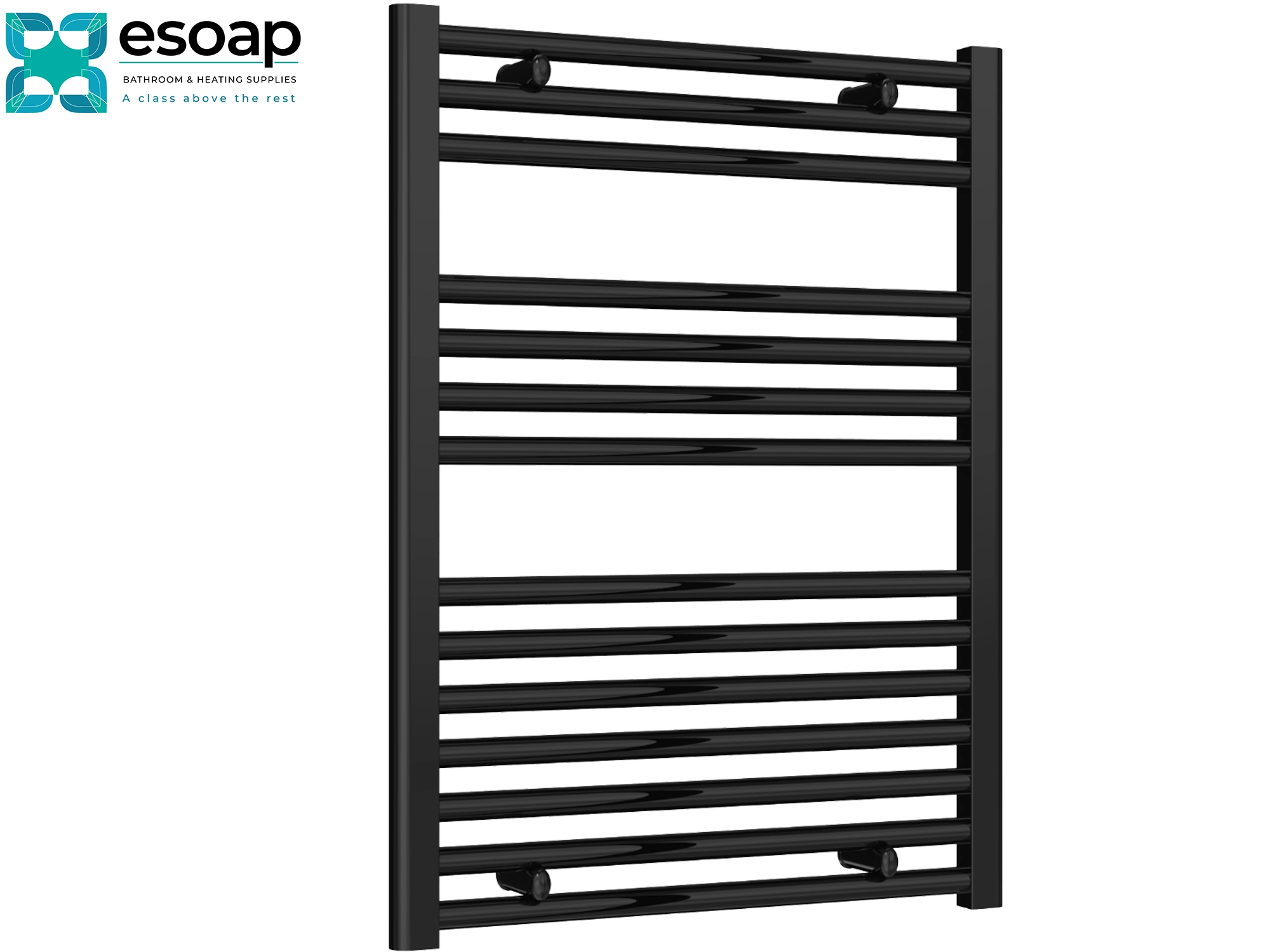 Diva Black towel radiator 800 x 600 on a white background with Esoap logo.