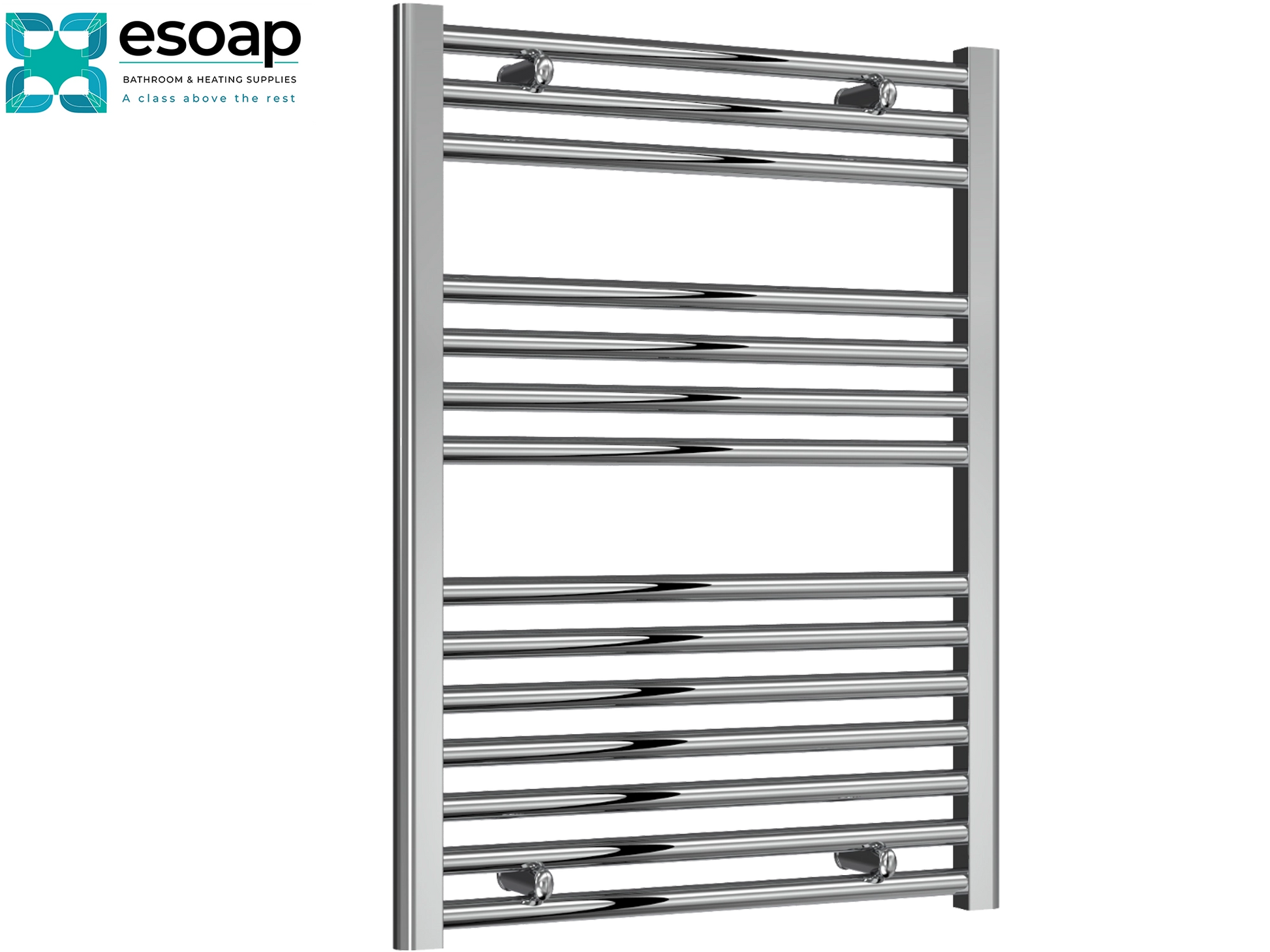 Diva Chrome towel radiator 800 x 600 on a white background with Esoap branding.