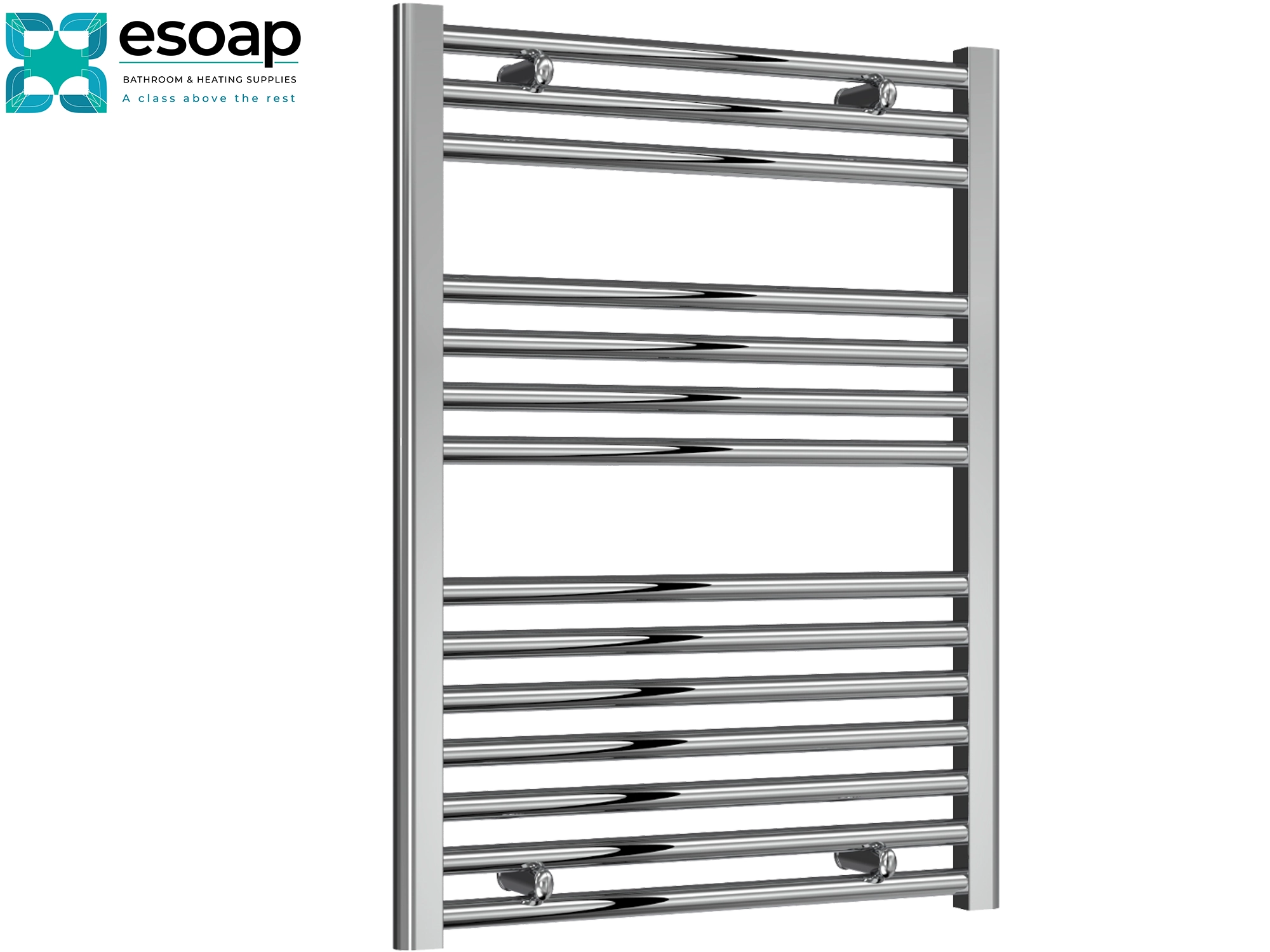 Diva Chrome towel radiator 800 x 600 on a white background with Esoap branding.