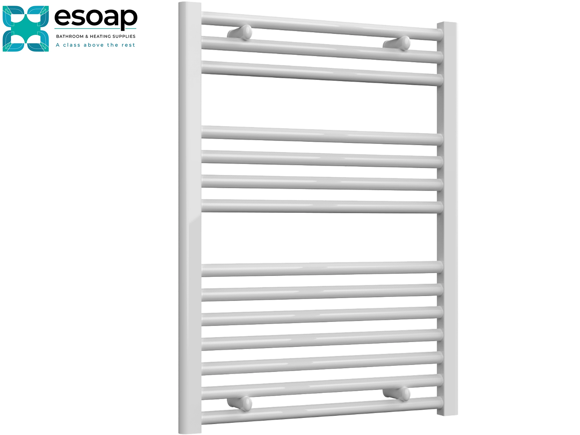 Diva White towel radiator 800 x 600 on a white background with Esoap branding.