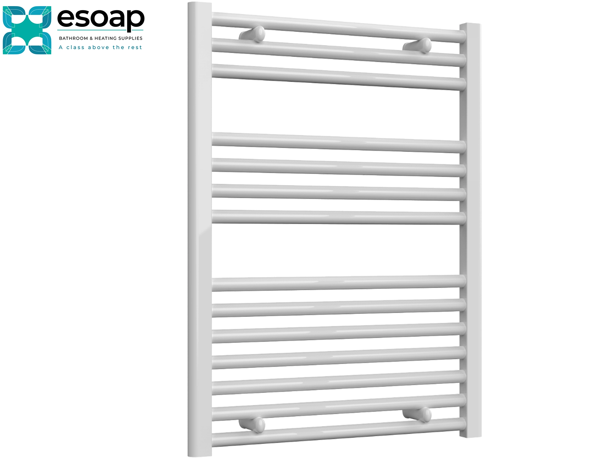Diva White towel radiator 800 x 600 on a white background with Esoap branding.