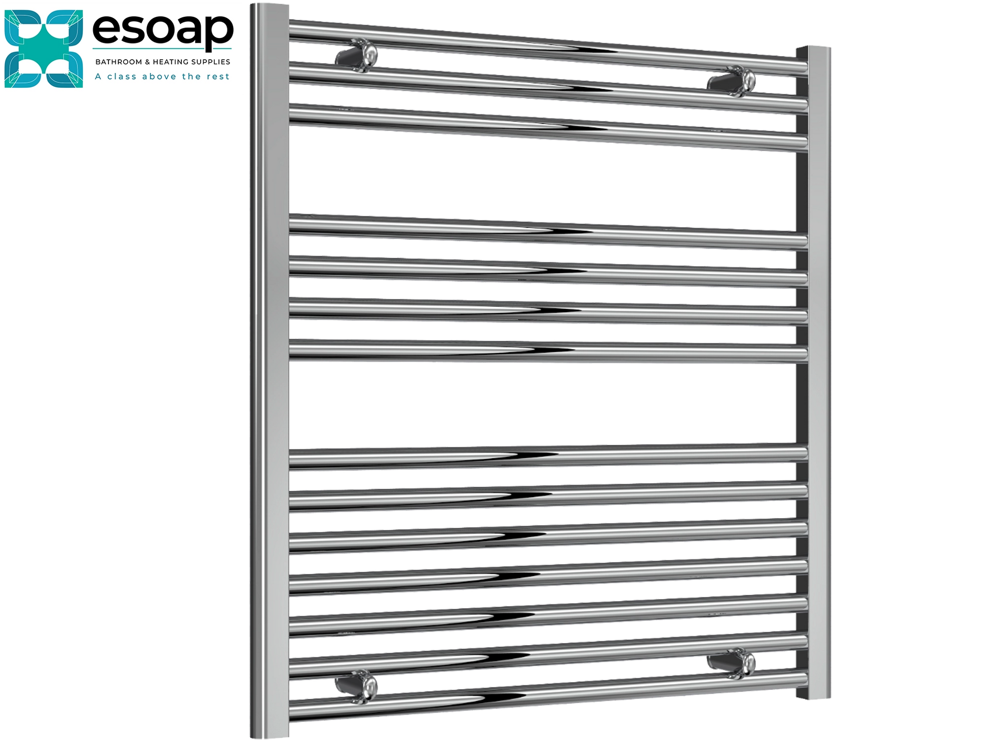 Diva Chrome towel radiator 800 x 750 with Esoap branding on a white background