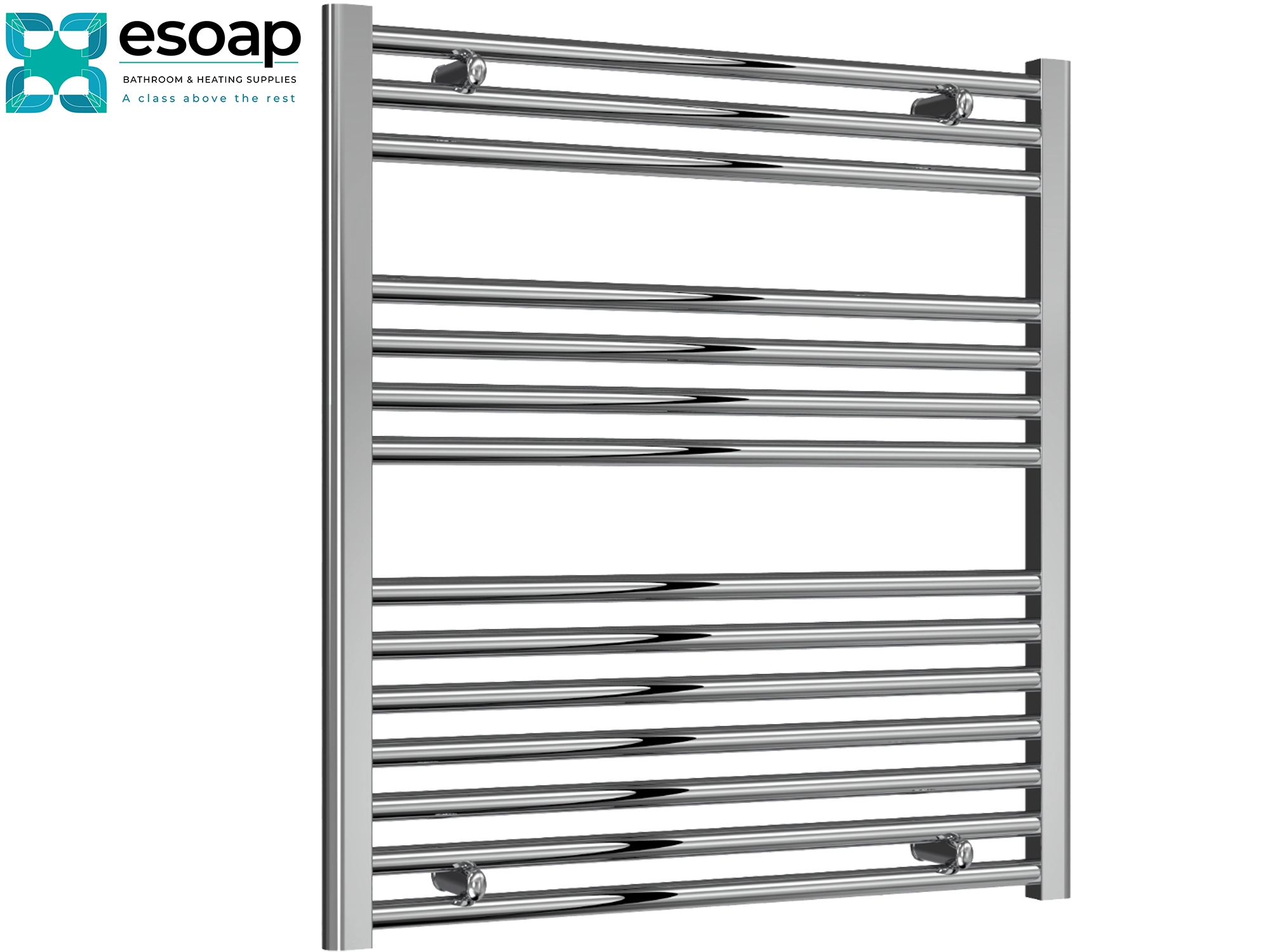 Diva Chrome towel radiator 800 x 750 with Esoap branding on a white background