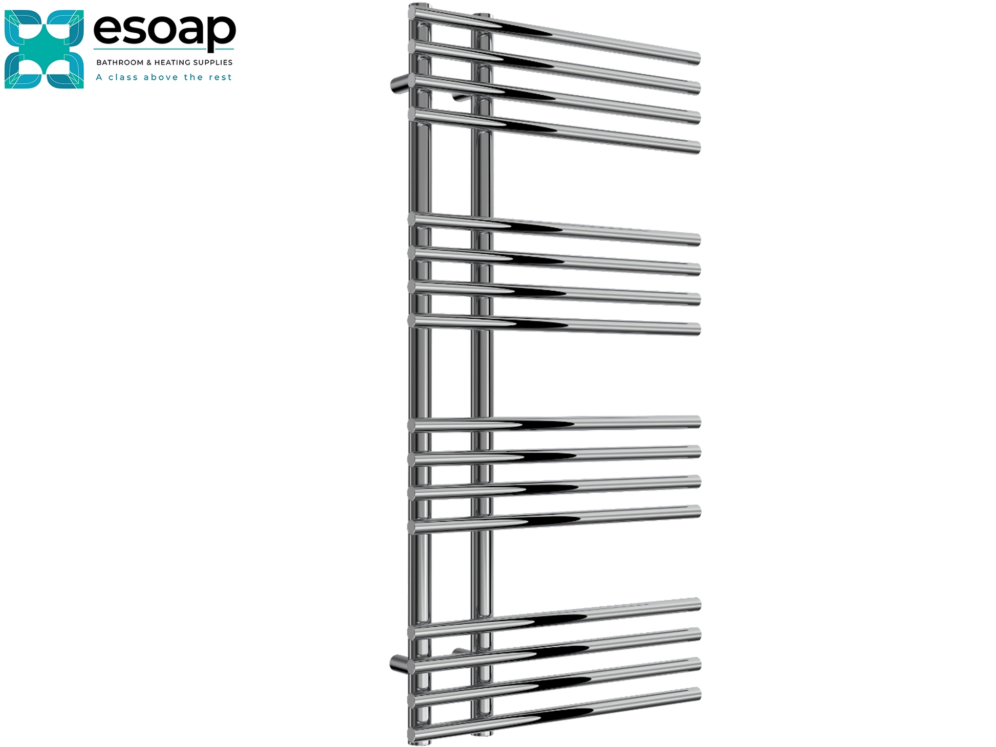 Elisa 1000 x 500 Chrome towel radiator on a white background with 'esoap' branding.