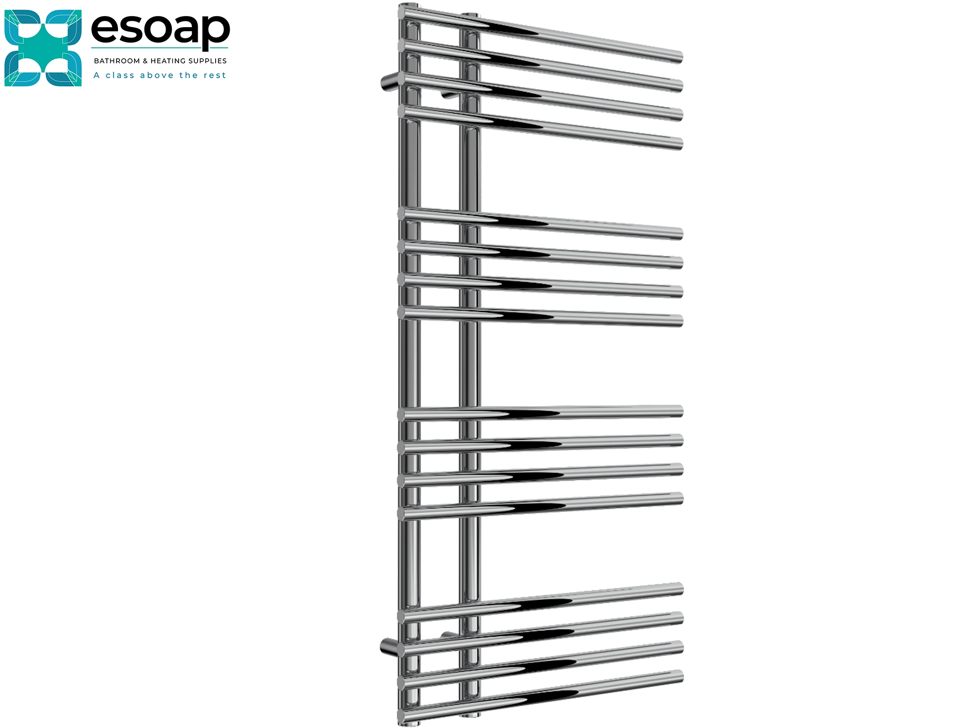 Elisa 1000 x 500 Chrome towel radiator on a white background with 'esoap' branding.