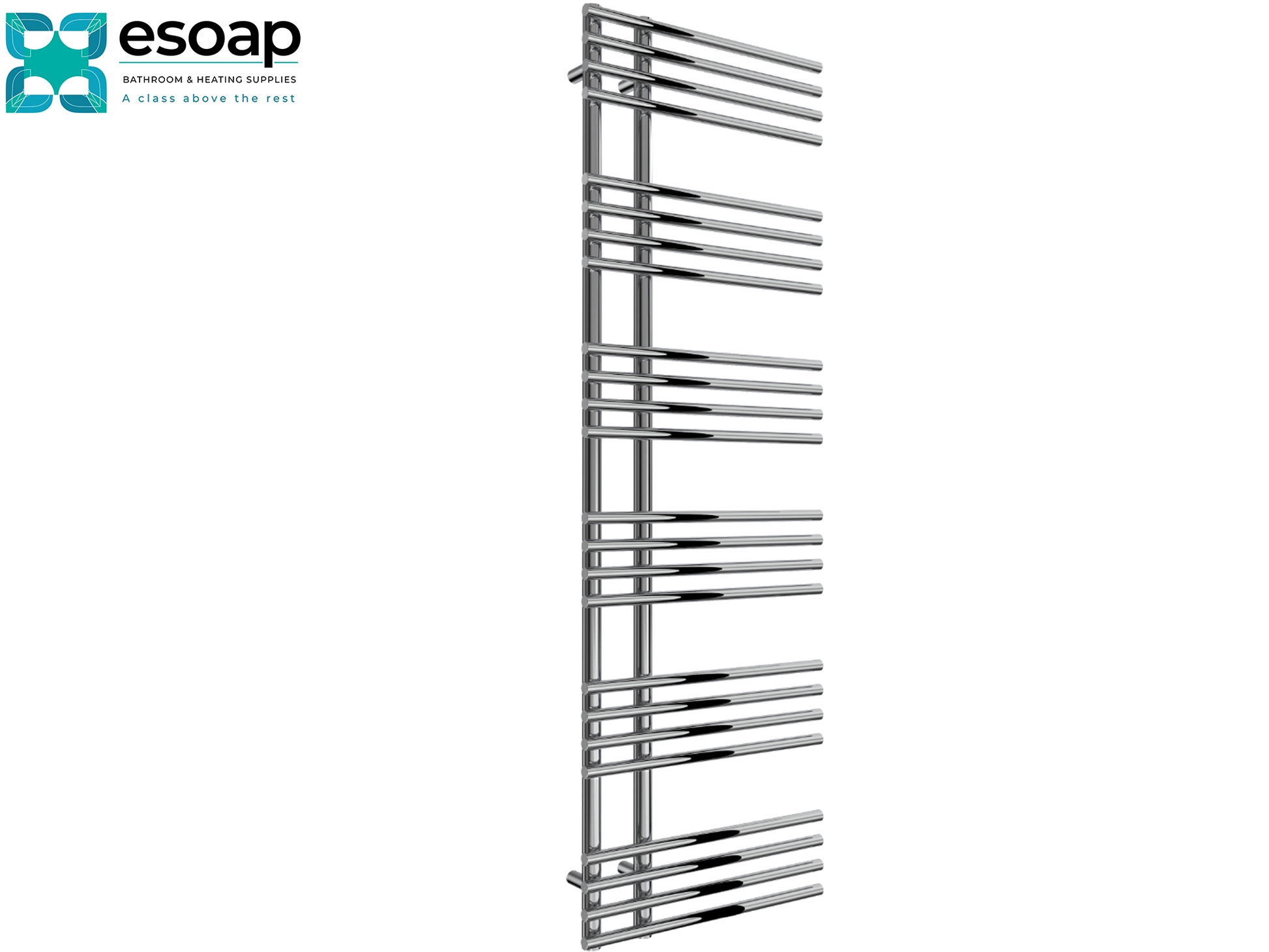 Elisa 1550 x 500 Chrome towel radiator on a white background with Esoap branding.