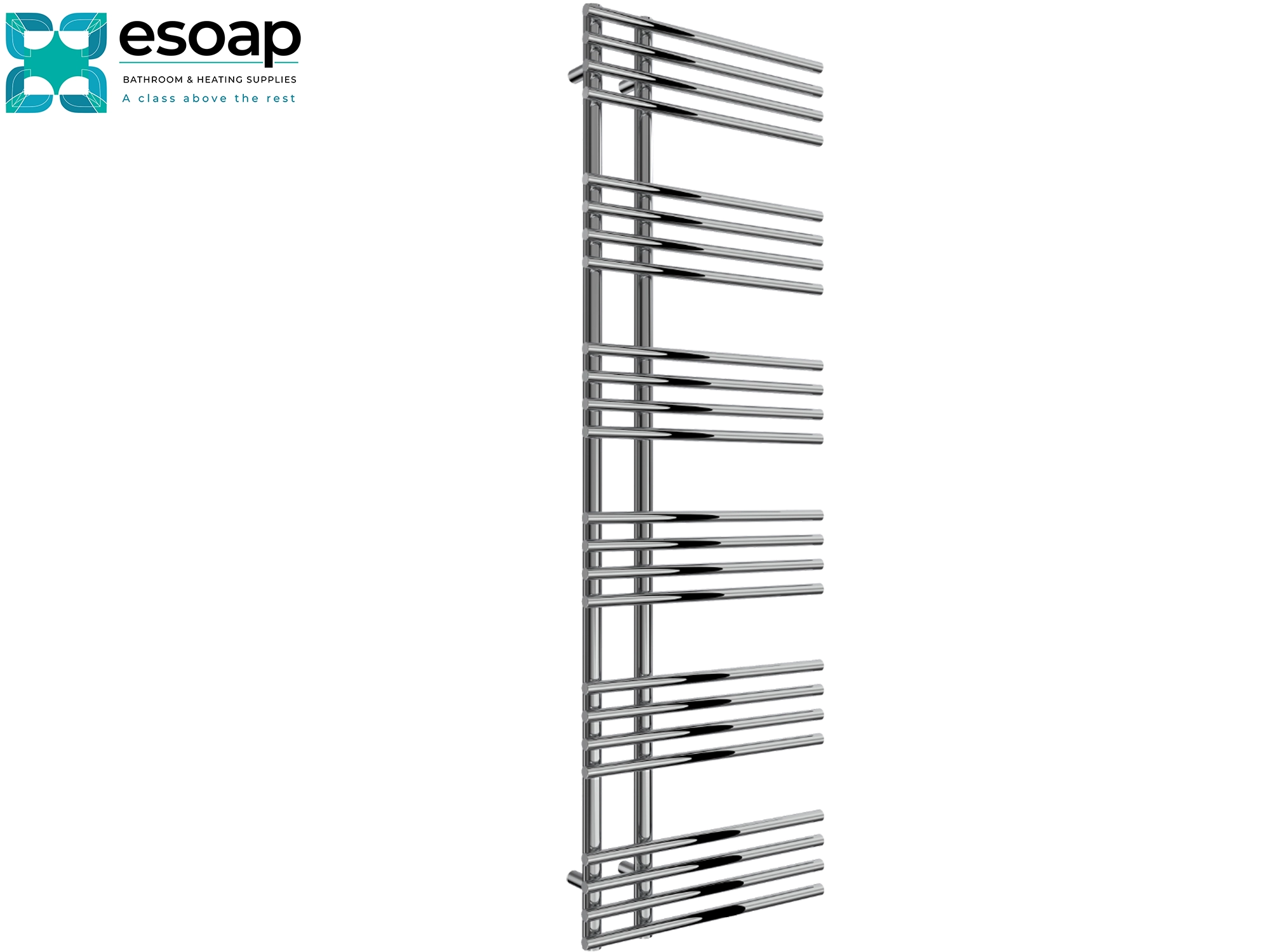 Elisa 1550 x 500 Chrome towel radiator on a white background with Esoap branding.