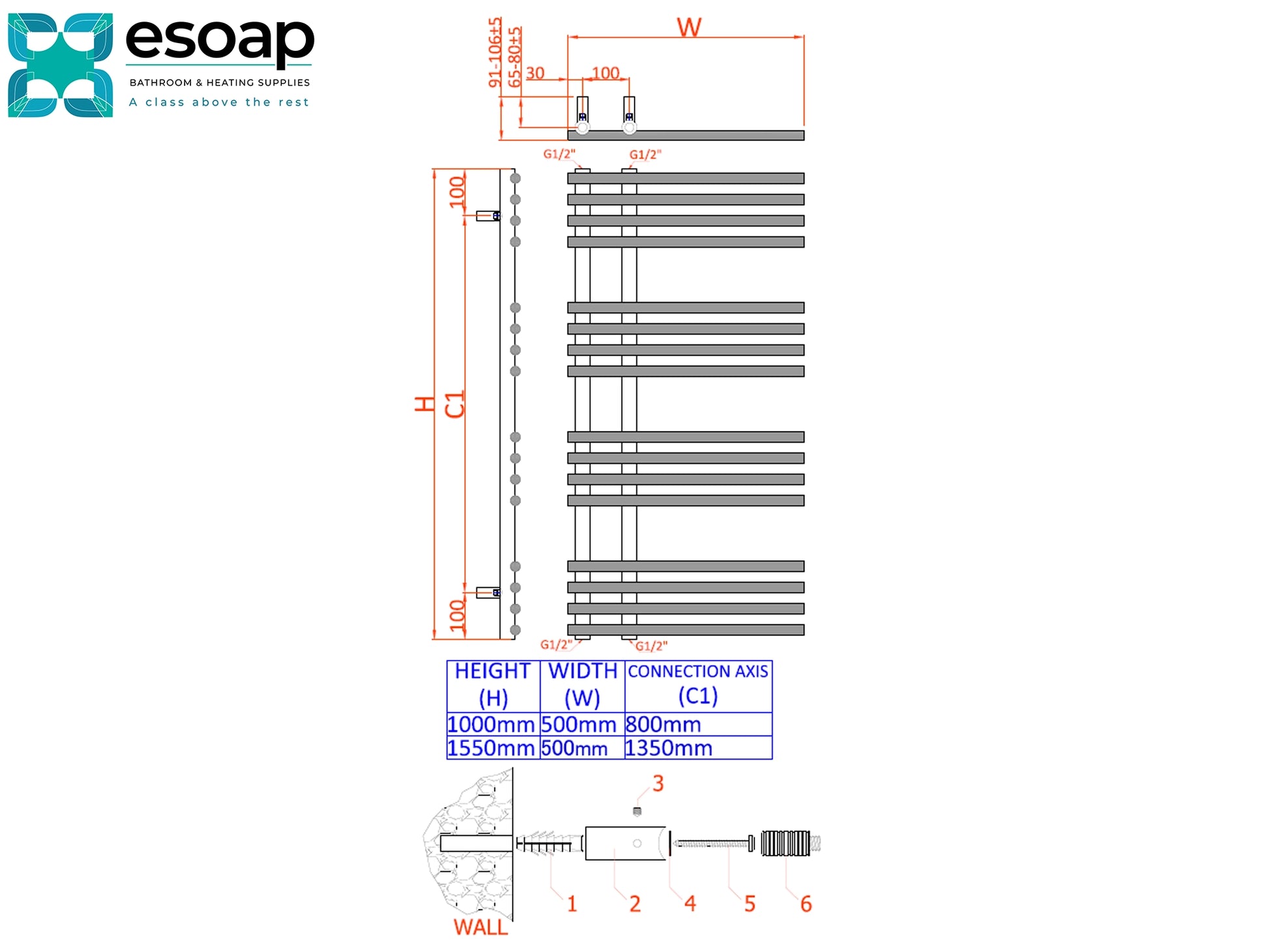 Technical drawing of a towel radiator with dimensions and connections labeled, featuring the Esoap brand.