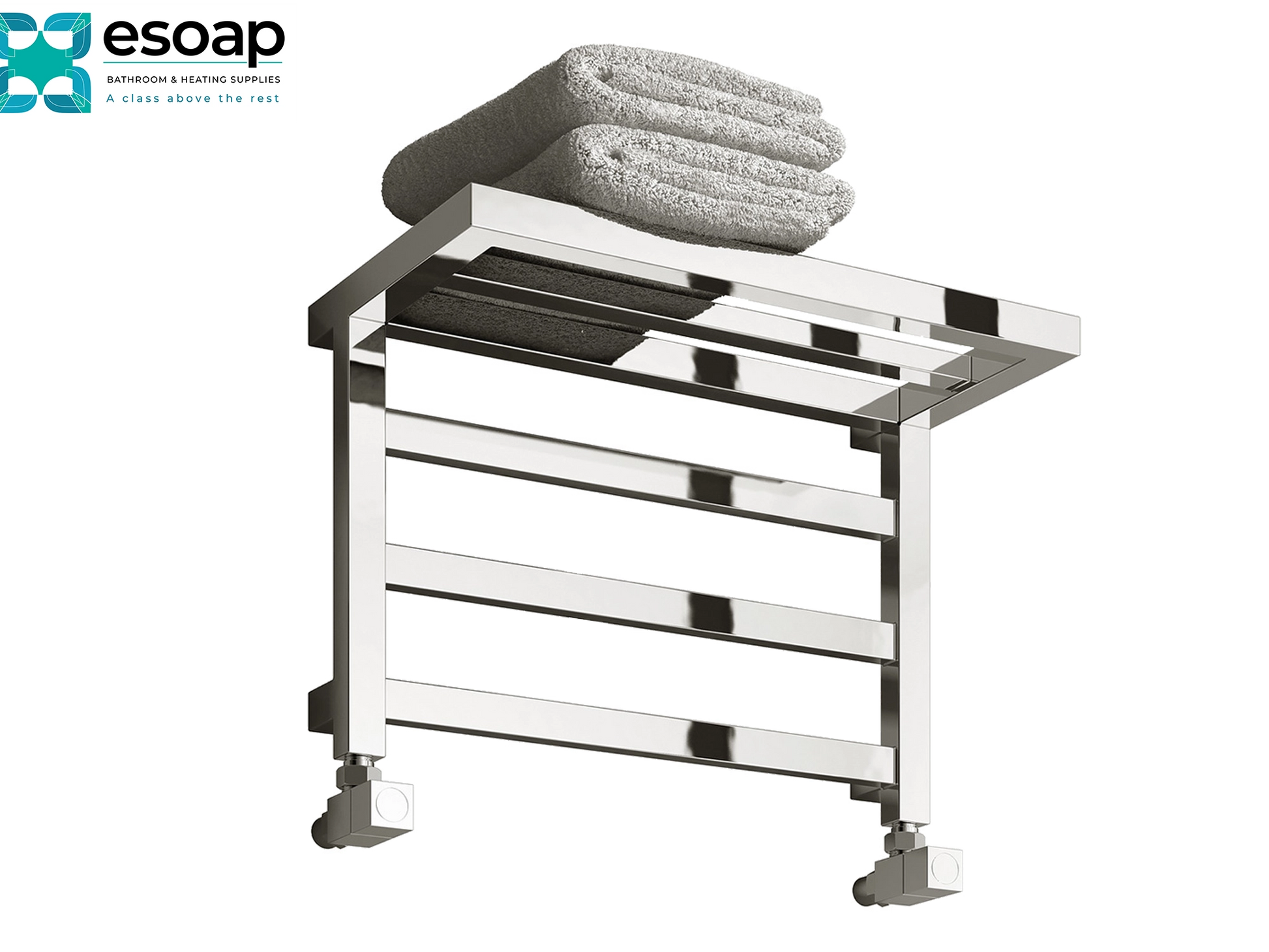 Elvina 350 x 500 Chrome Towel radiator with towels on a white background, featuring the Esoap brand.