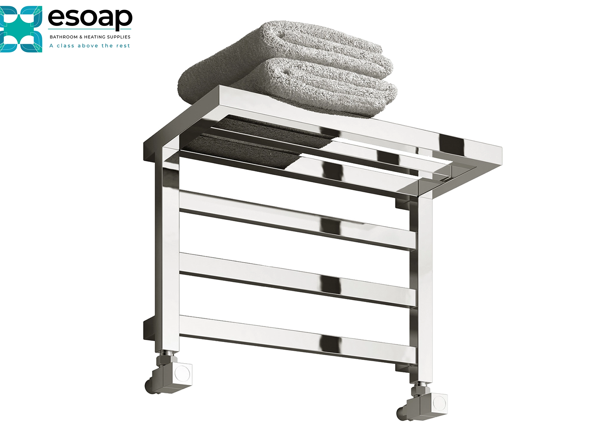 Elvina 350 x 500 Chrome Towel radiator with towels on a white background, featuring the Esoap brand.