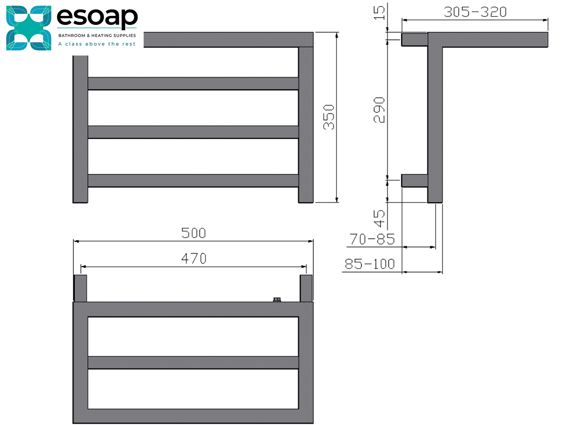 Technical drawing of a towel radiator with dimensions labeled, featuring the Esoap brand.
