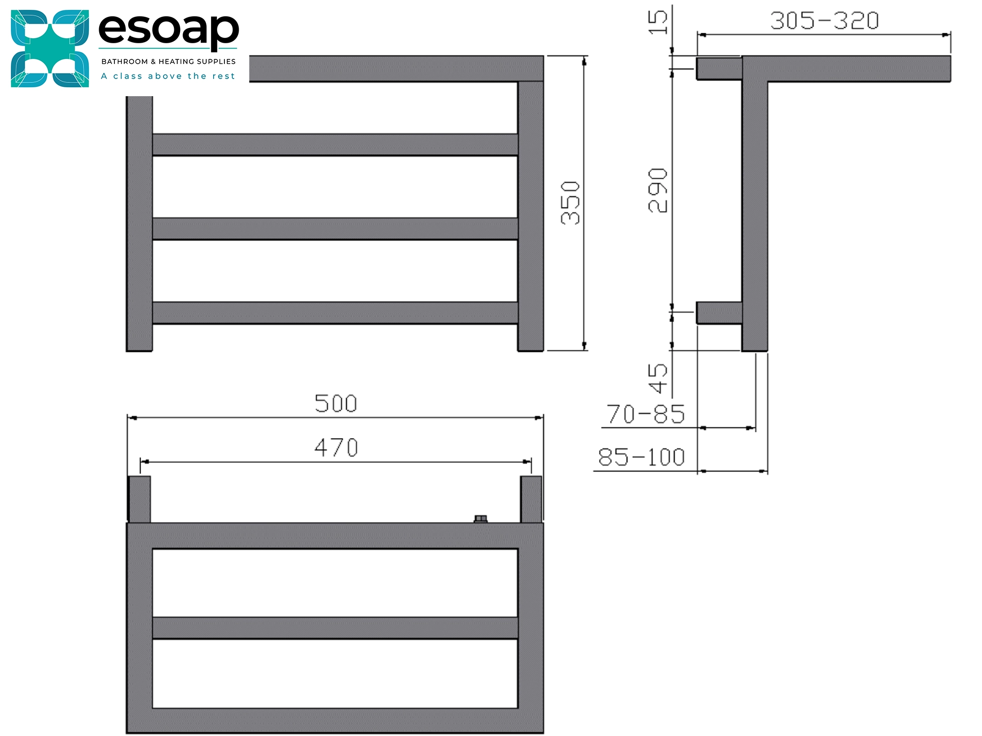 Technical drawing of a towel radiator with dimensions labeled, featuring the Esoap brand.
