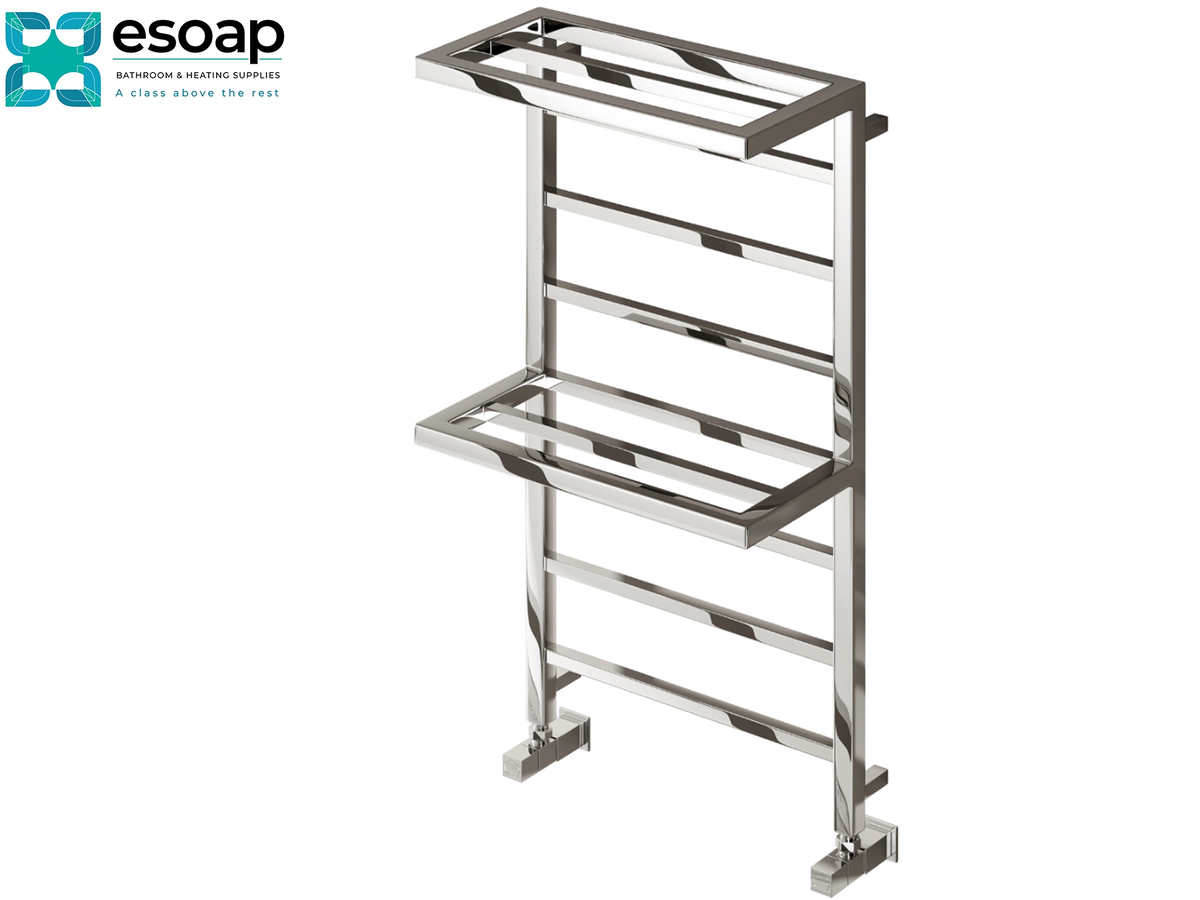 A polished stainless steel towel rail with two integrated shelves and four horizontal bars, shown on a plain white background with the Esoap logo in the top-left corner Reina Elvina 2 1000x500 Chrome Designer Radiator