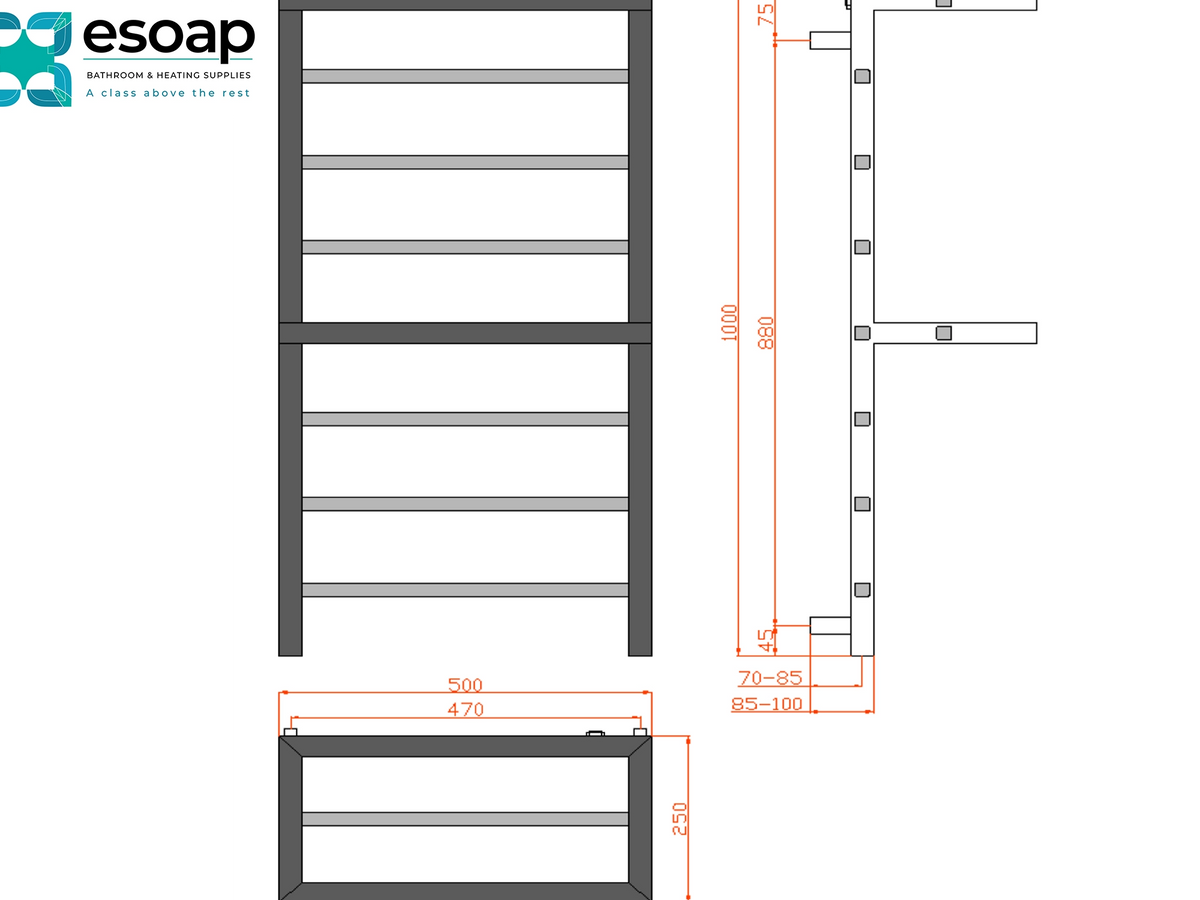 Technical dimension drawing of a towel rail, showing front, side, and top-down views with measurements and red dimension lines on a white background. The esoap brand logo appears in the top left Reina Elvina 2 1000x500 Chrome Designer Radiator