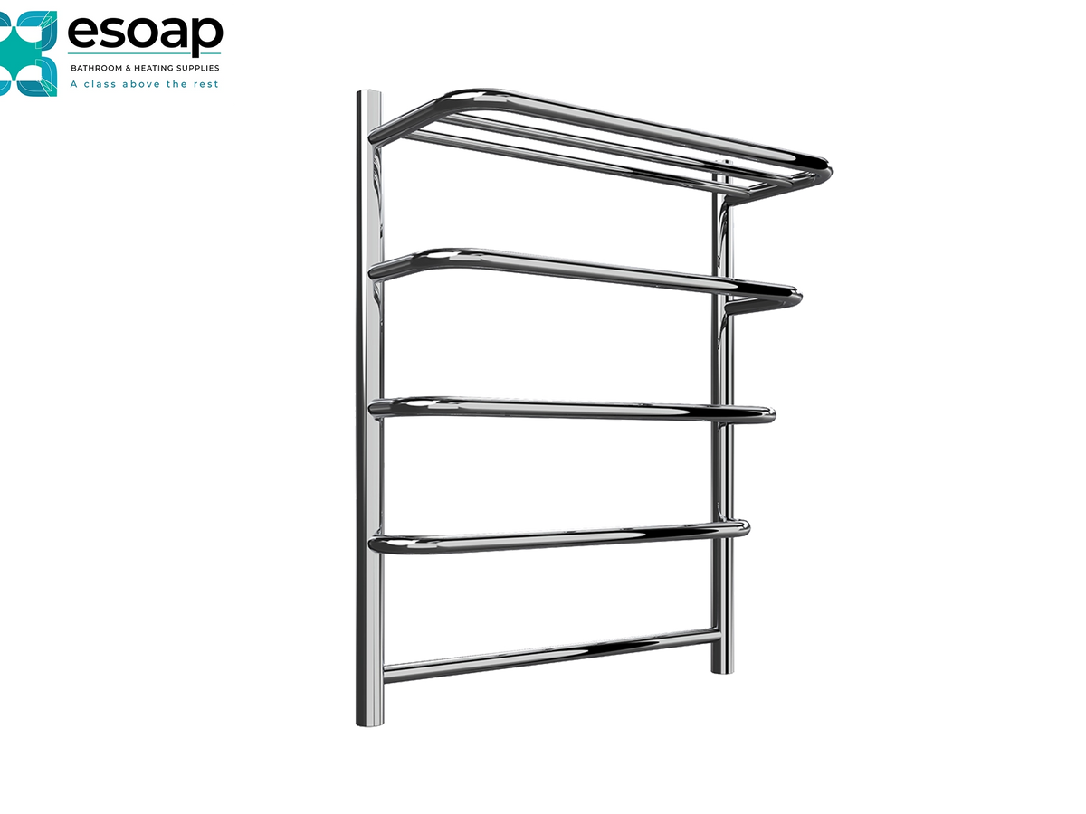 A wall-mounted chrome towel rack with four horizontal bars, shown on a plain white background with the Esoap logo in the top-left corner. Reina Elvo 660x530 Polished Stainless Steel Designer Radiator